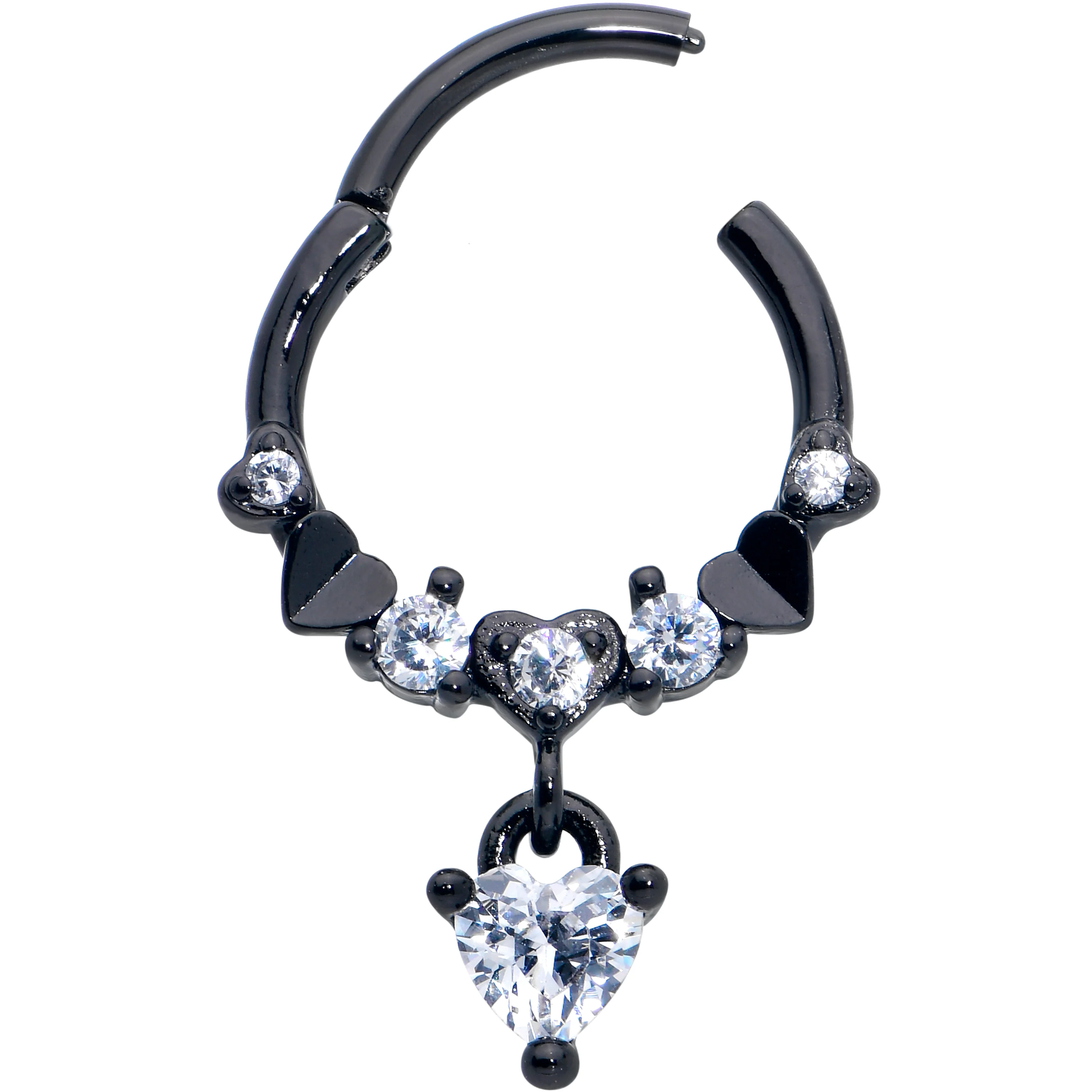 16G 3/8 Clear CZ Gem Black Love Heart Dangle Hinged Segment Ring - Image 2