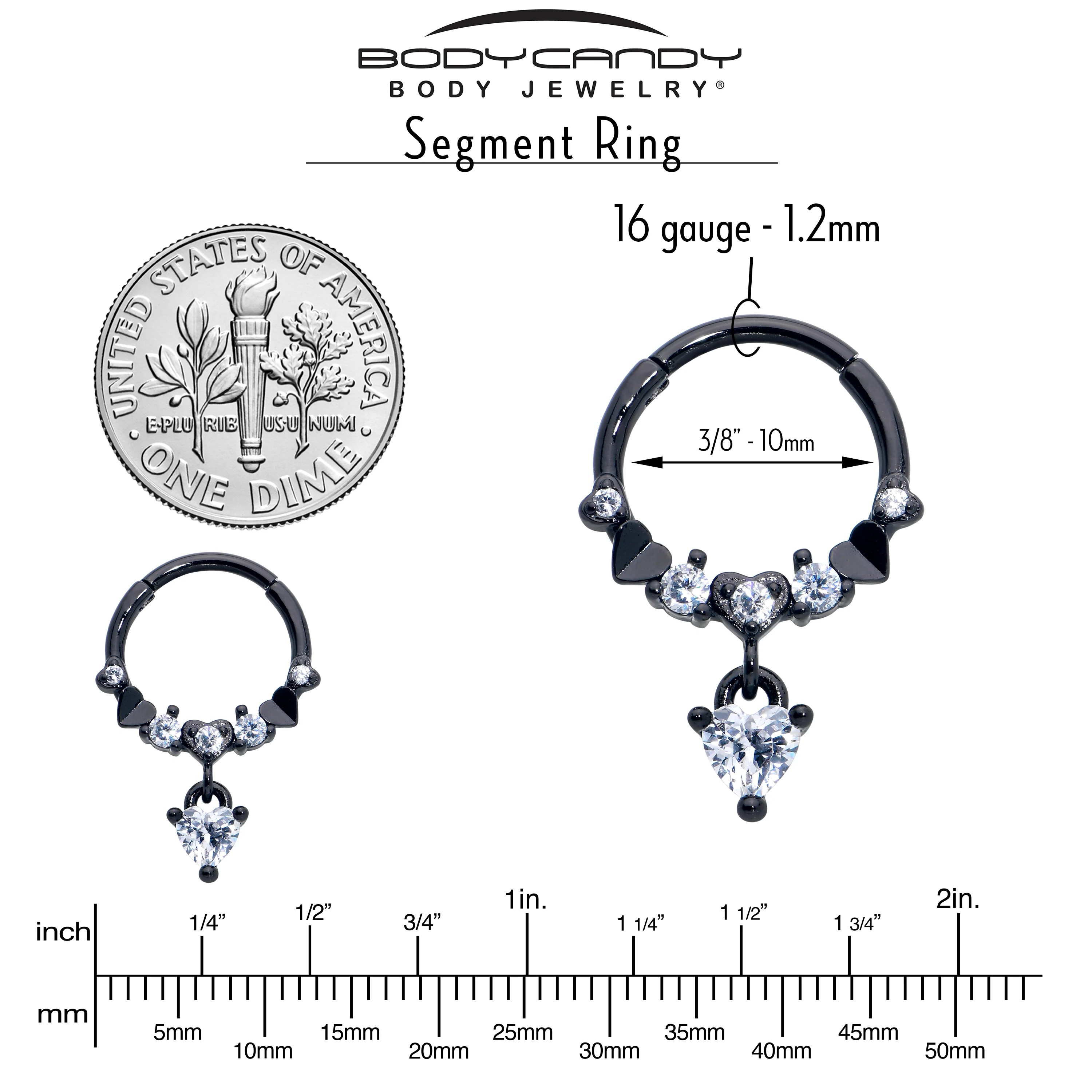 16G 3/8 Clear CZ Gem Black Love Heart Dangle Hinged Segment Ring - Image 3