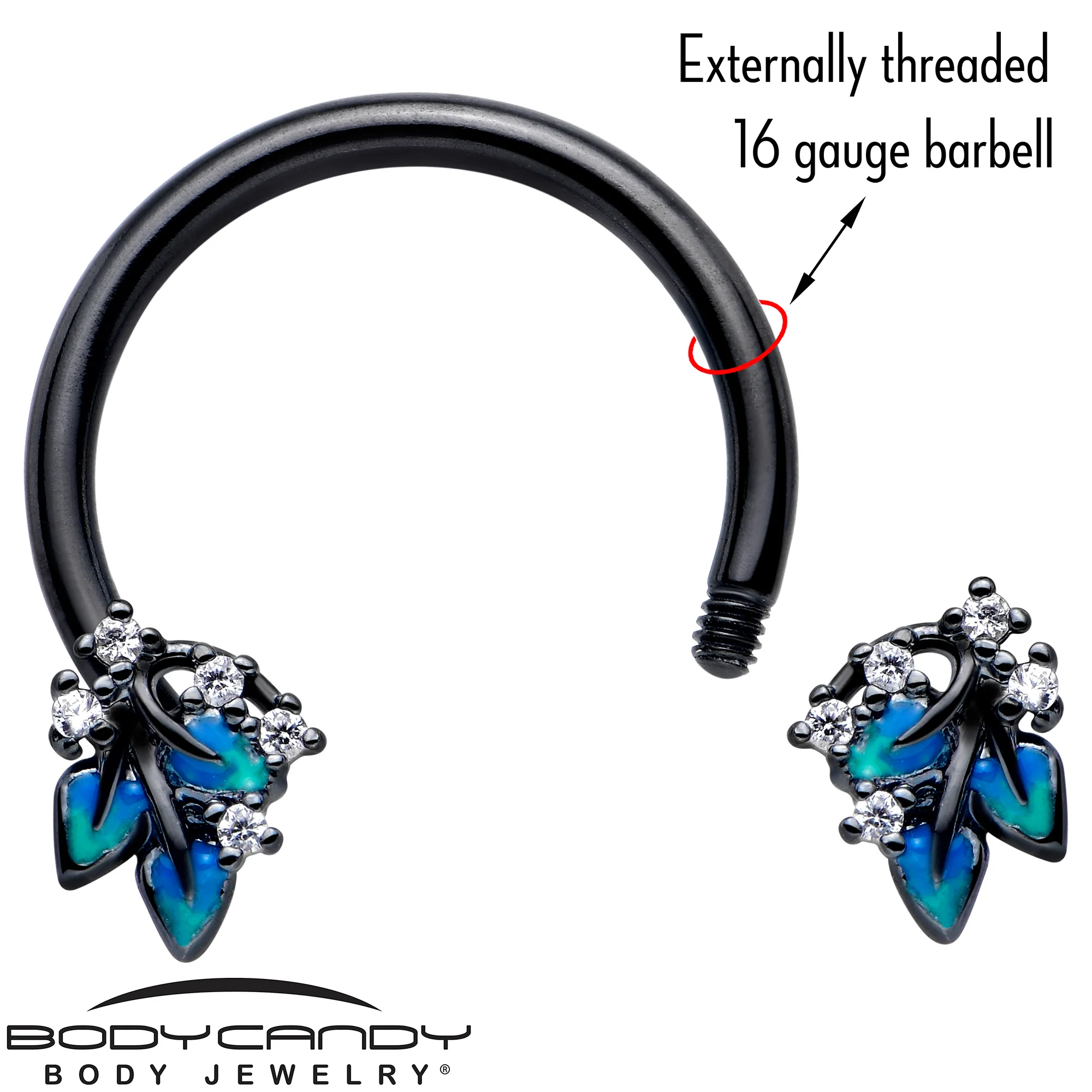 16G 3/8 Clear CZ Gem Black Lush Leaves Circular Barbell Horseshoe - Image 3