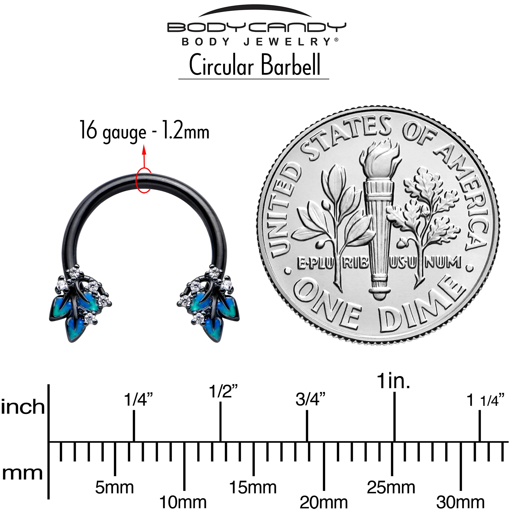16G 3/8 Clear CZ Gem Black Lush Leaves Circular Barbell Horseshoe - Image 4