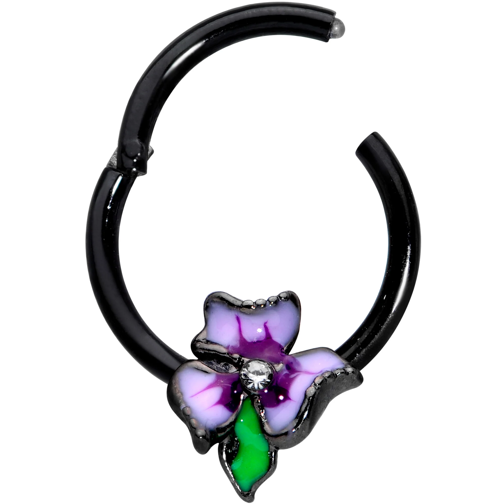 16G 3/8 Clear CZ Gem Black Purple Iris Flower Hinged Segment Ring - Image 2