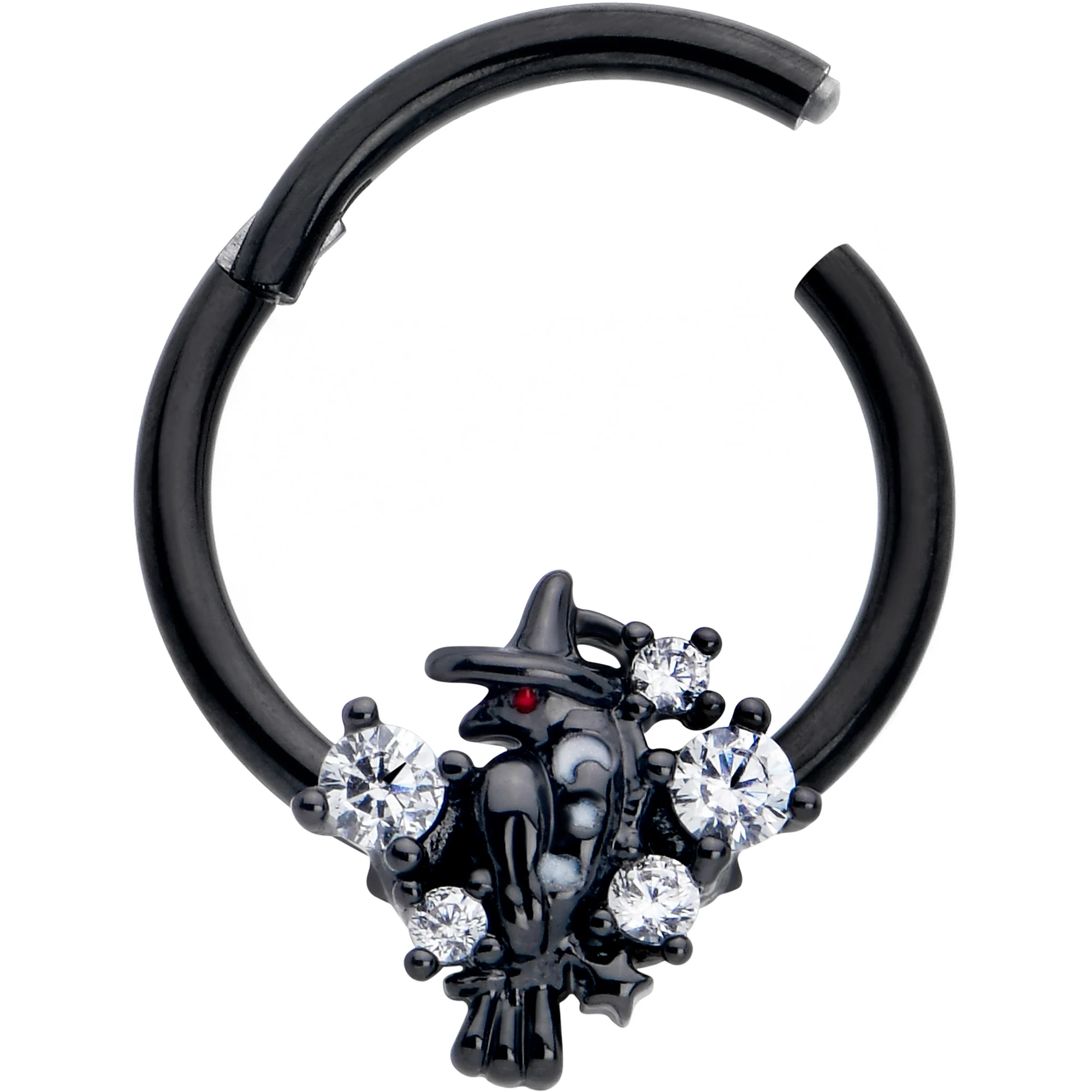 16G 3/8 Clear CZ Gem Black Raven Witch Hinged Segment Ring - Image 2