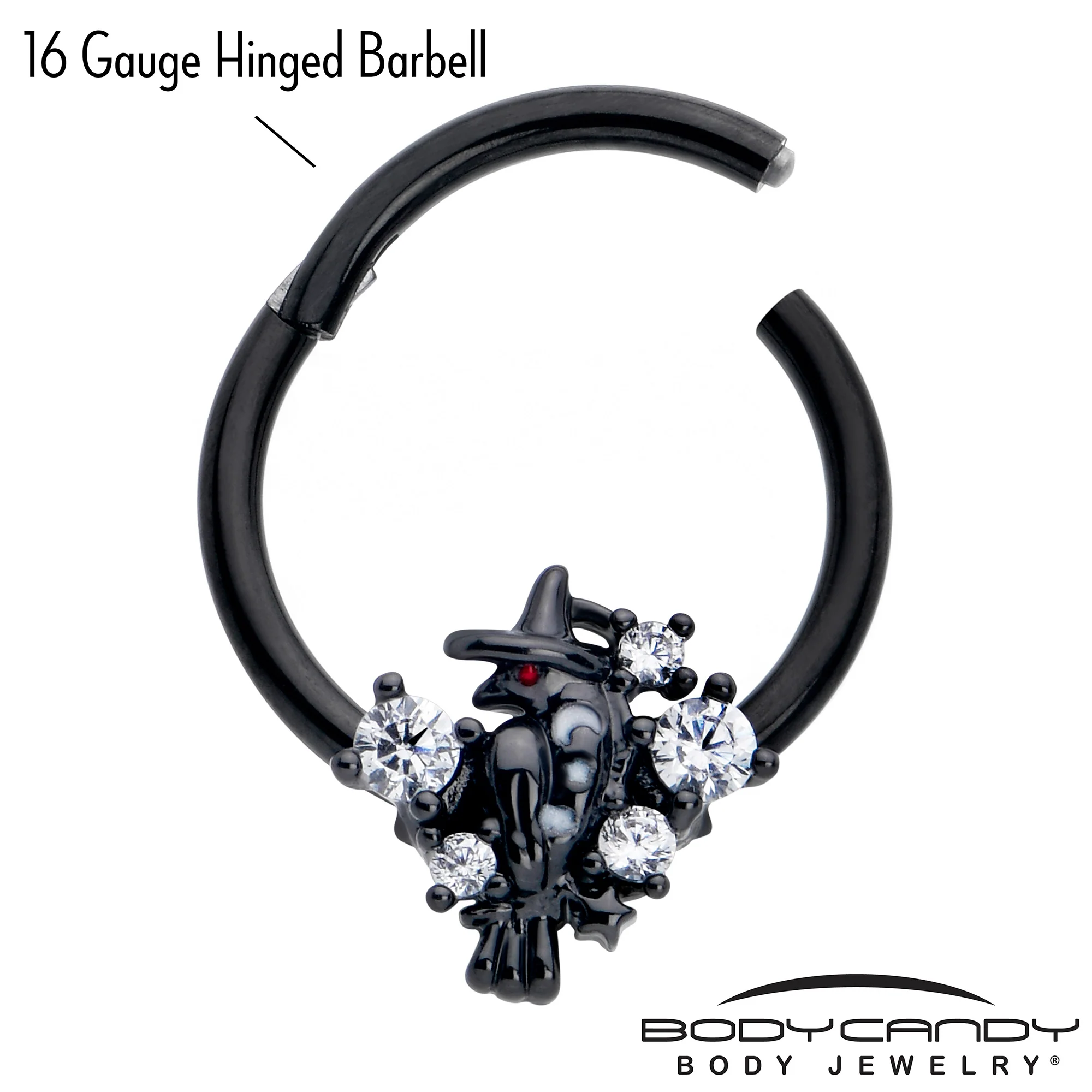 16G 3/8 Clear CZ Gem Black Raven Witch Hinged Segment Ring - Image 3