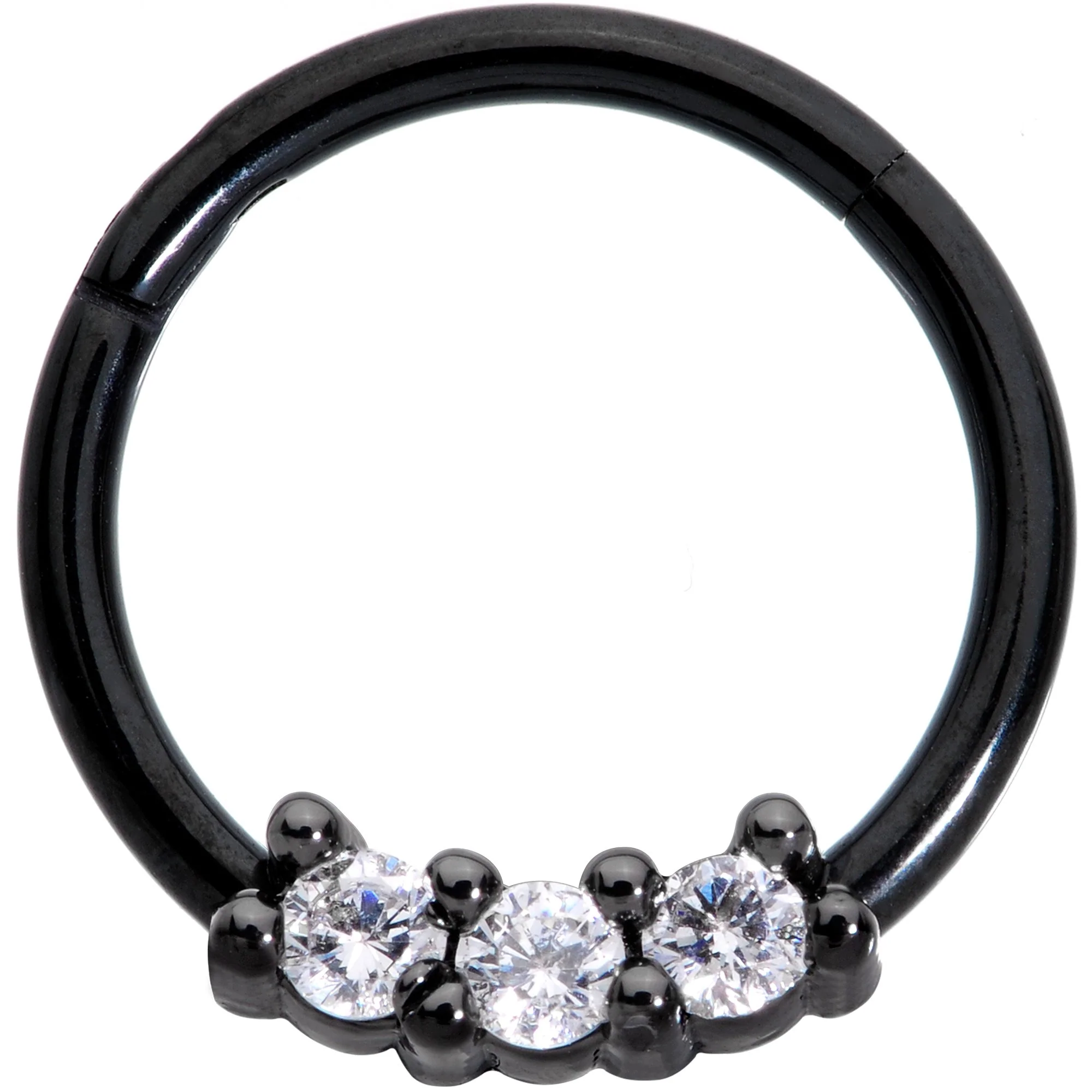 16G 3/8 Clear CZ Gem Black Trio Hinged Segment Ring