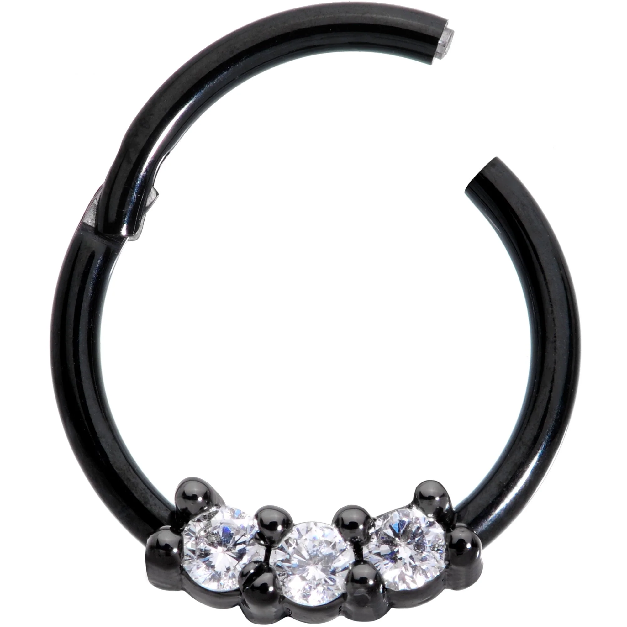16G 3/8 Clear CZ Gem Black Trio Hinged Segment Ring - Image 2