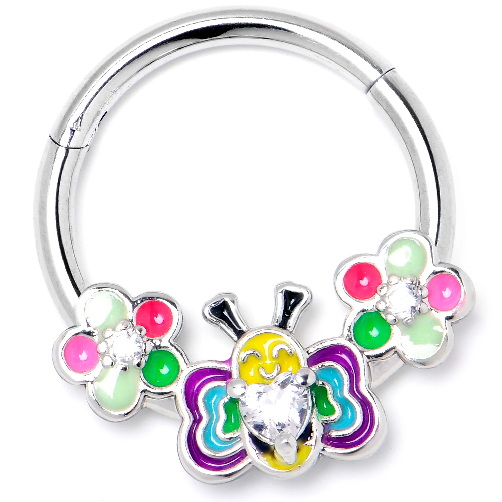 16G 3/8 Clear CZ Gem Butterfly Love Bug Hinged Segment Ring - Image 3