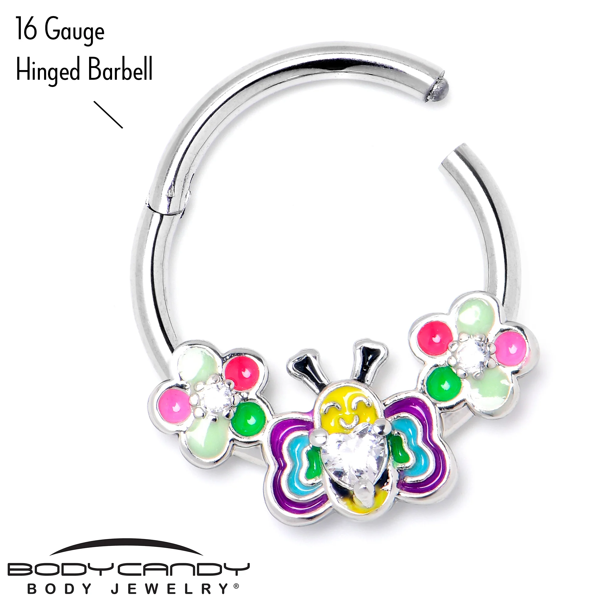 16G 3/8 Clear CZ Gem Butterfly Love Bug Hinged Segment Ring - Image 5
