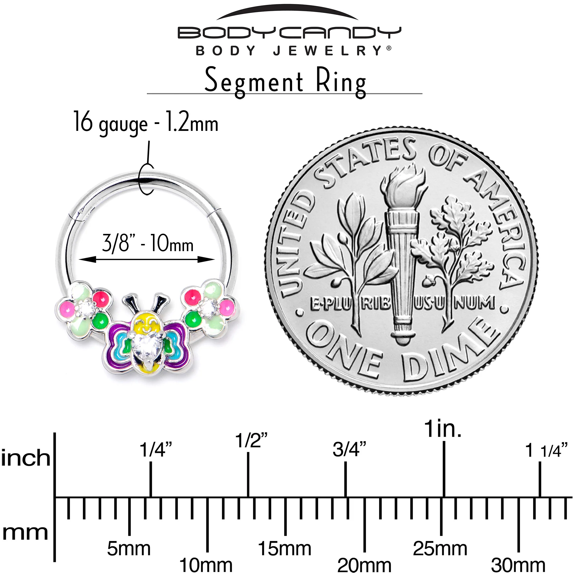 16G 3/8 Clear CZ Gem Butterfly Love Bug Hinged Segment Ring - Image 6
