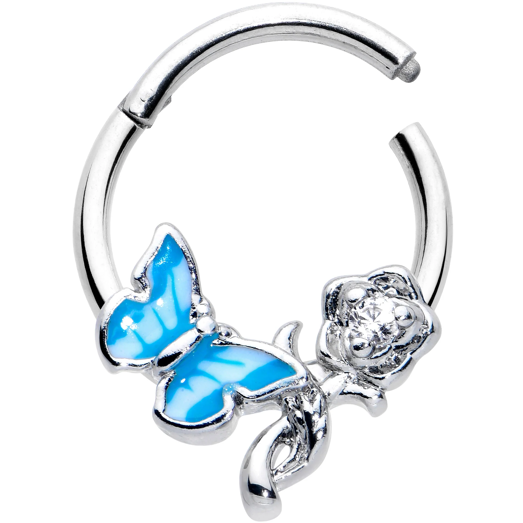 16G 3/8 Clear CZ Gem Butterfly Rose Blue Hinged Segment Ring - Image 2