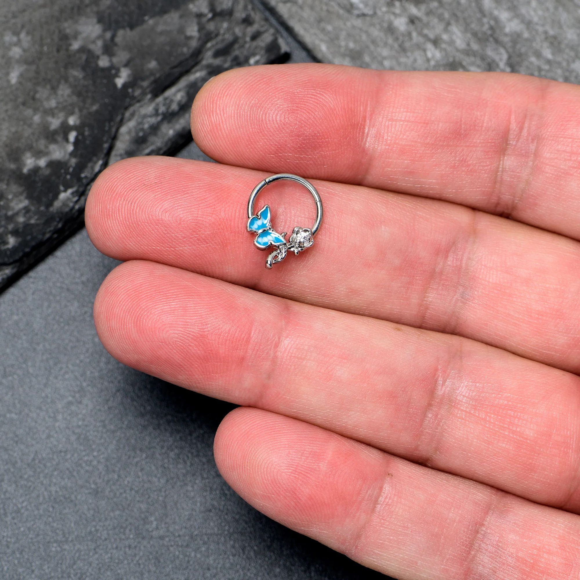 16G 3/8 Clear CZ Gem Butterfly Rose Blue Hinged Segment Ring - Image 3