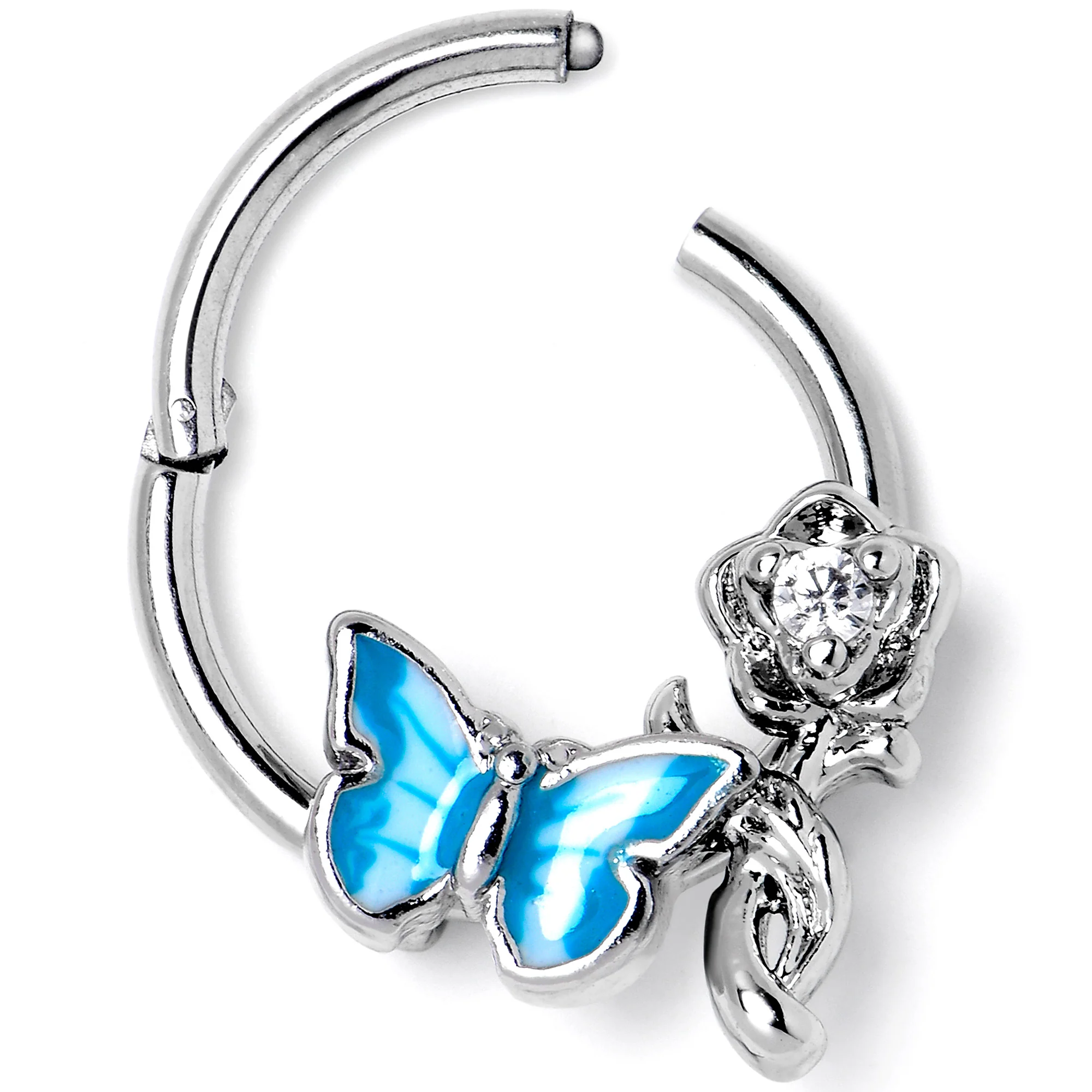 16G 3/8 Clear CZ Gem Butterfly Rose Blue Hinged Segment Ring - Image 4