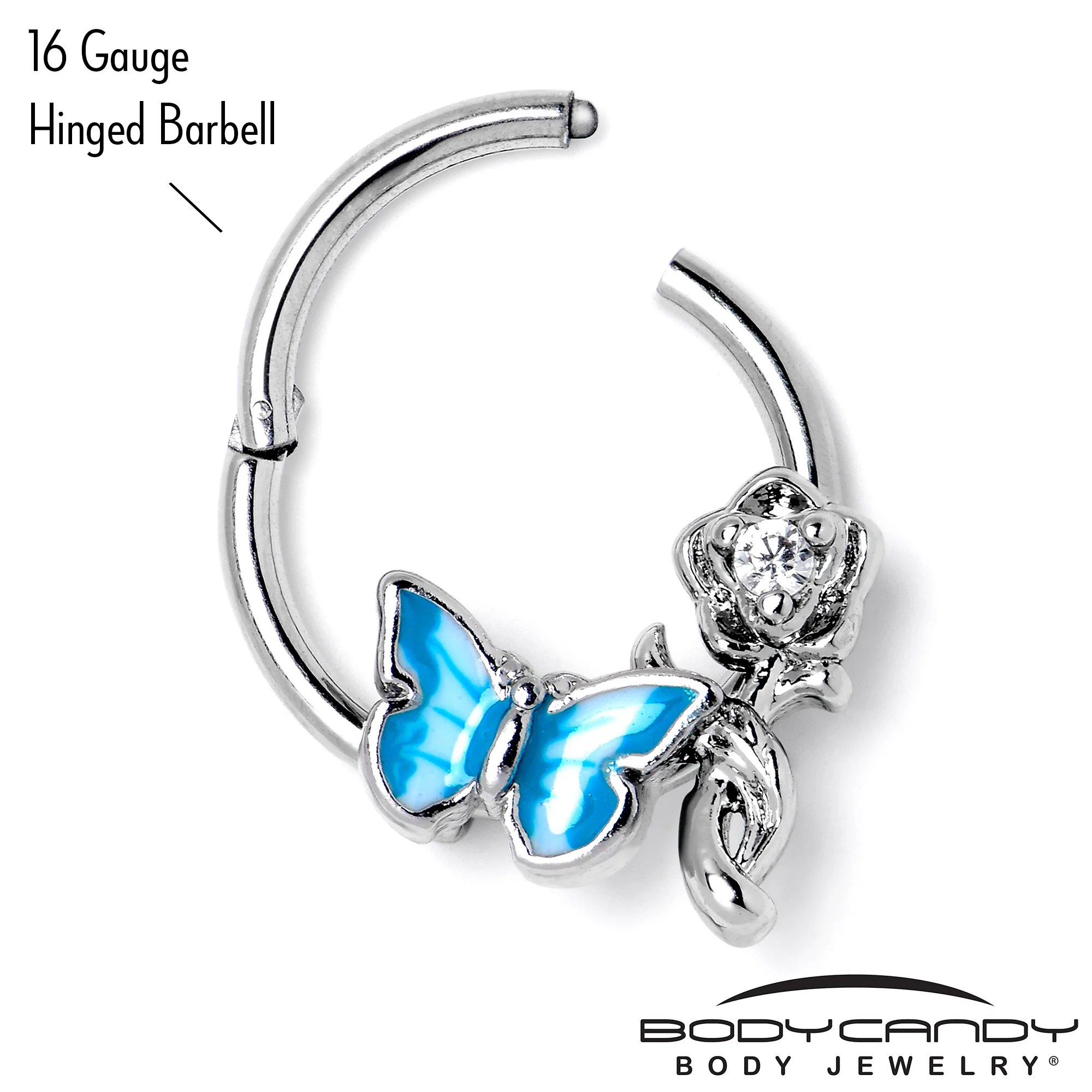 16G 3/8 Clear CZ Gem Butterfly Rose Blue Hinged Segment Ring - Image 5