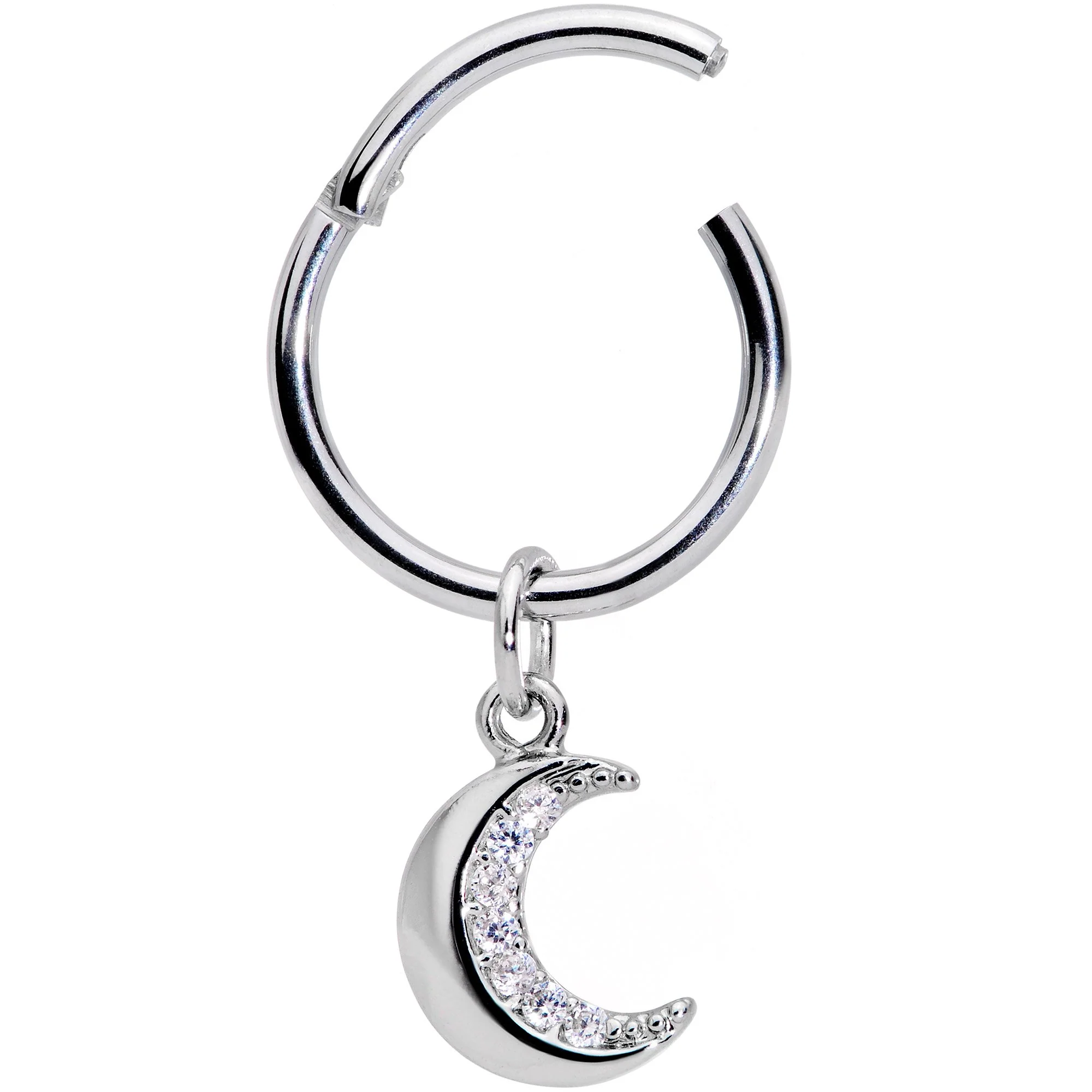 16G 3/8 Clear CZ Gem Crescent Moon Dangle Hinged Segment Ring - Image 2