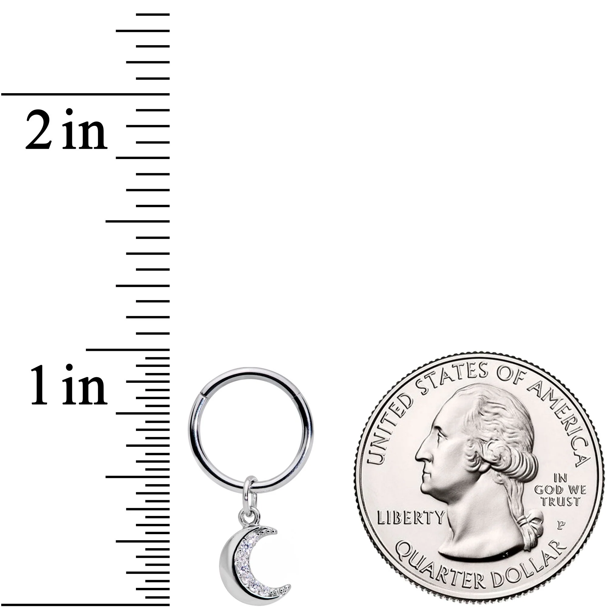 16G 3/8 Clear CZ Gem Crescent Moon Dangle Hinged Segment Ring - Image 3
