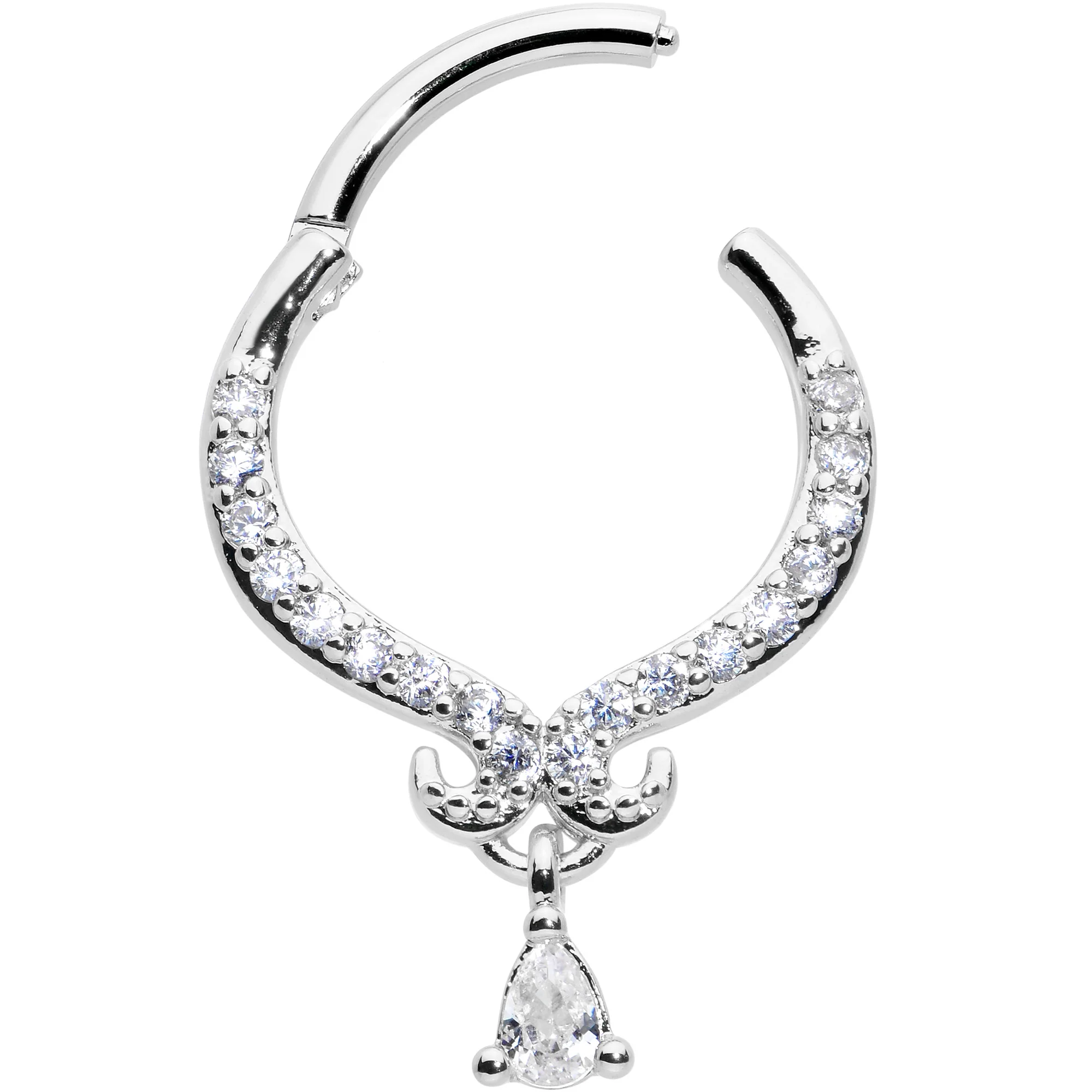 16G 3/8 Clear CZ Gem Elegant Curves Dangle Hinged Segment Ring - Image 2