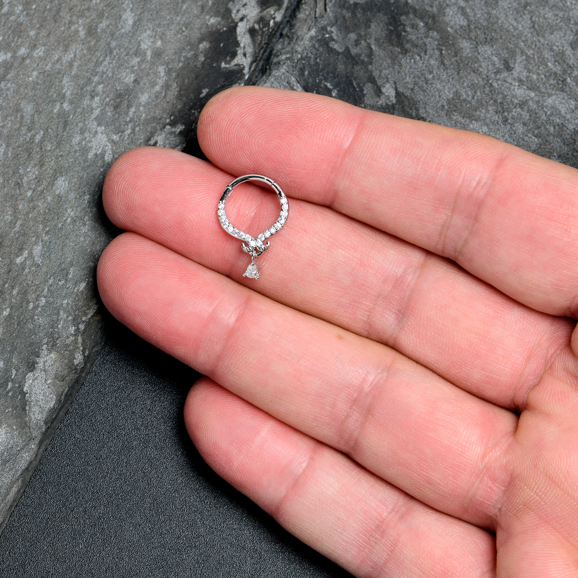 16G 3/8 Clear CZ Gem Elegant Curves Dangle Hinged Segment Ring - Image 3