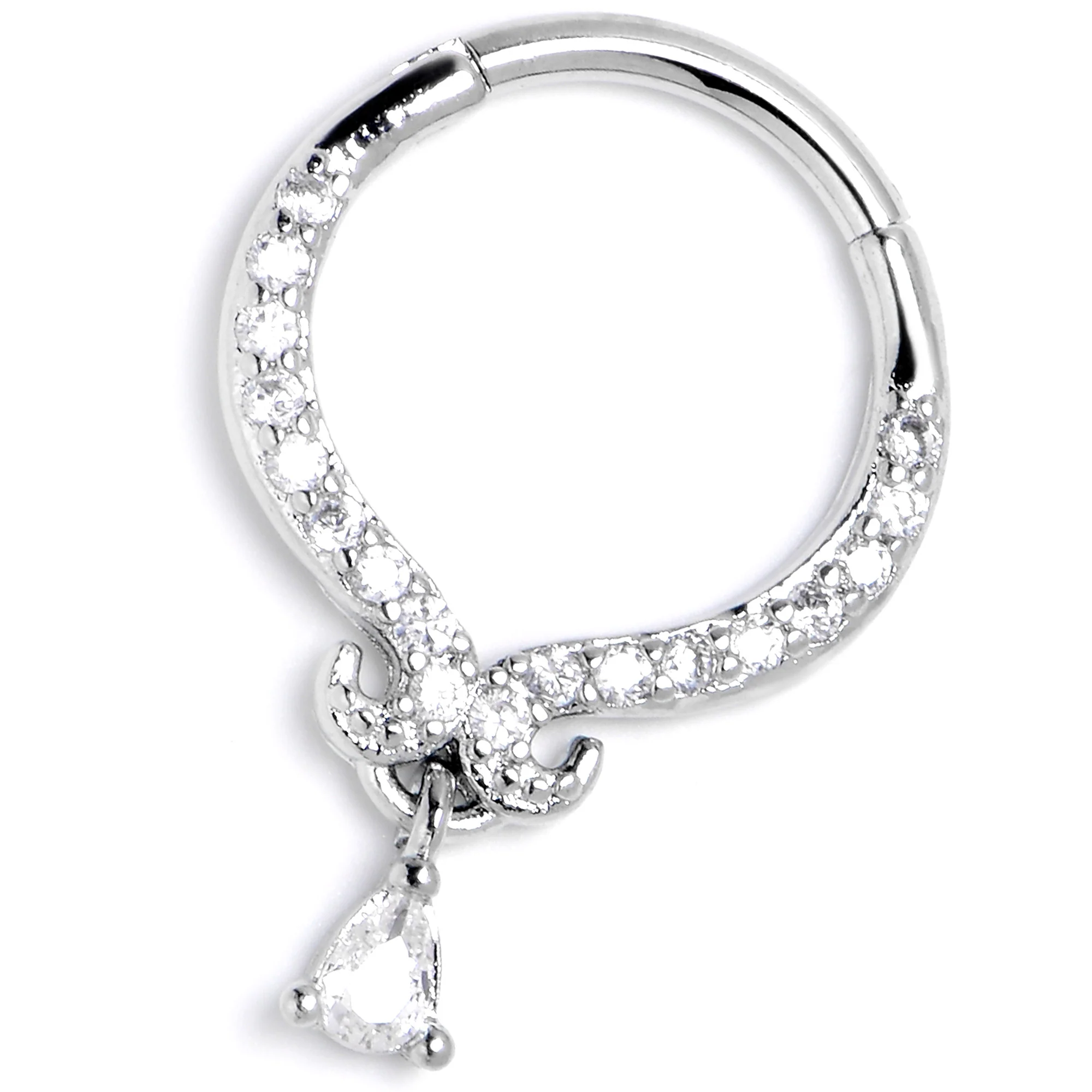 16G 3/8 Clear CZ Gem Elegant Curves Dangle Hinged Segment Ring - Image 4