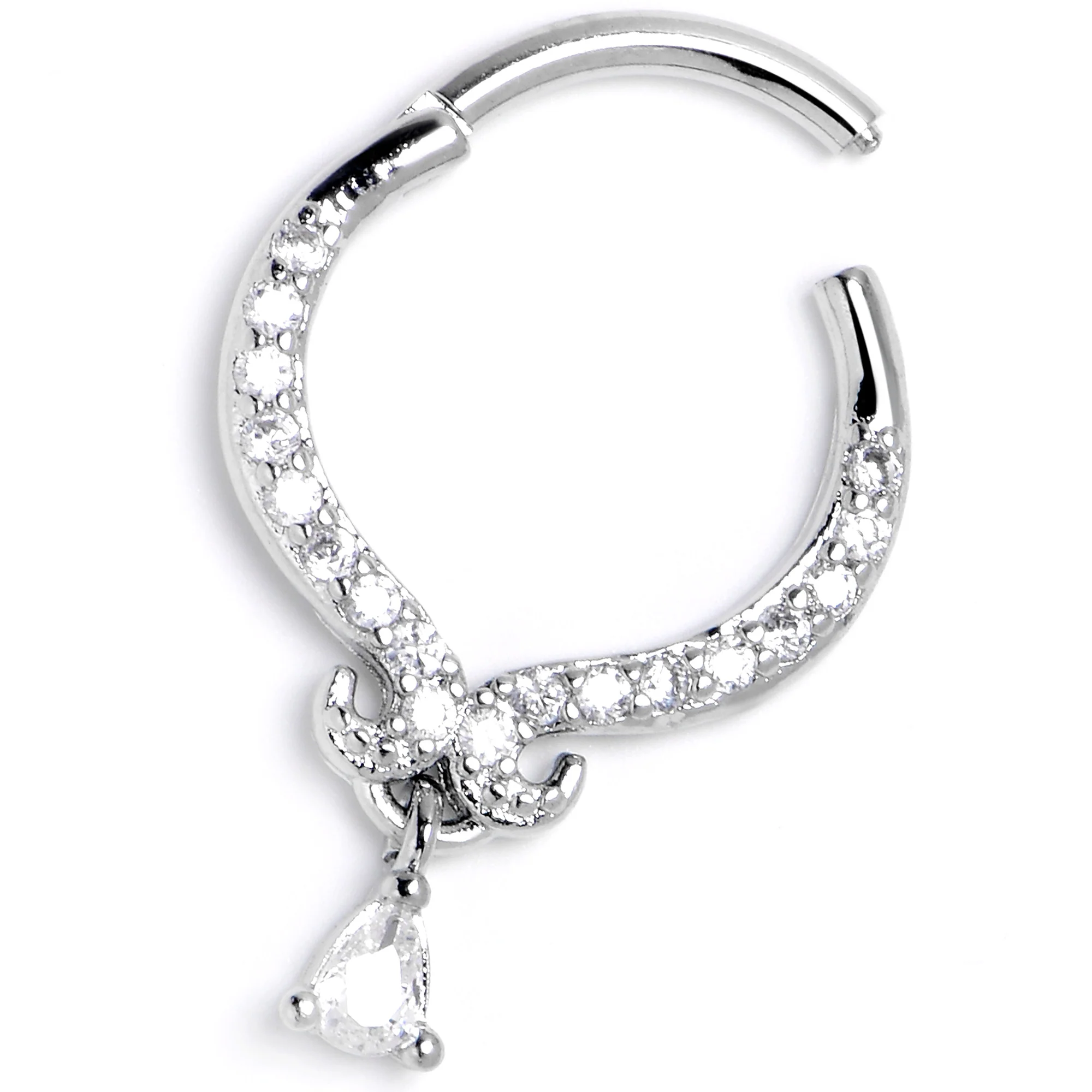 16G 3/8 Clear CZ Gem Elegant Curves Dangle Hinged Segment Ring - Image 5