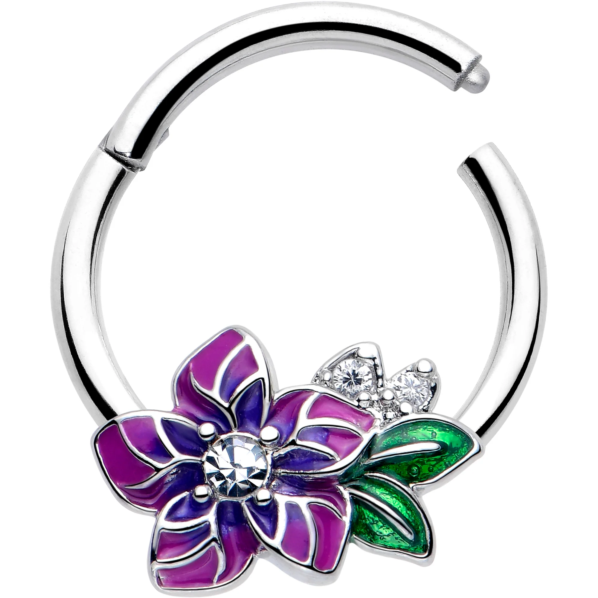 16G 3/8 Clear CZ Gem Flower Purple Hinged Segment Ring - Image 2