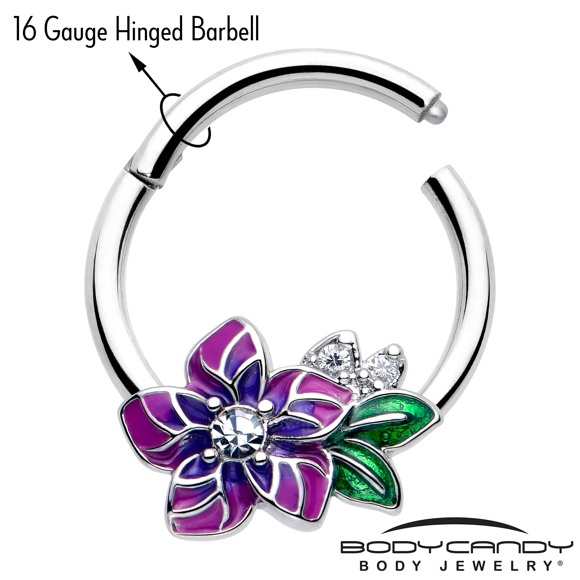 16G 3/8 Clear CZ Gem Flower Purple Hinged Segment Ring - Image 3
