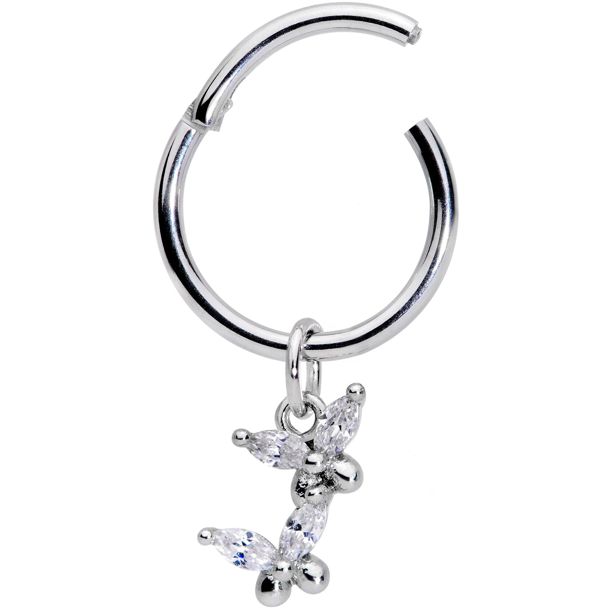 16G 3/8 Clear CZ Gem Fluttering Butterflies Hinged Segment Ring - Image 2