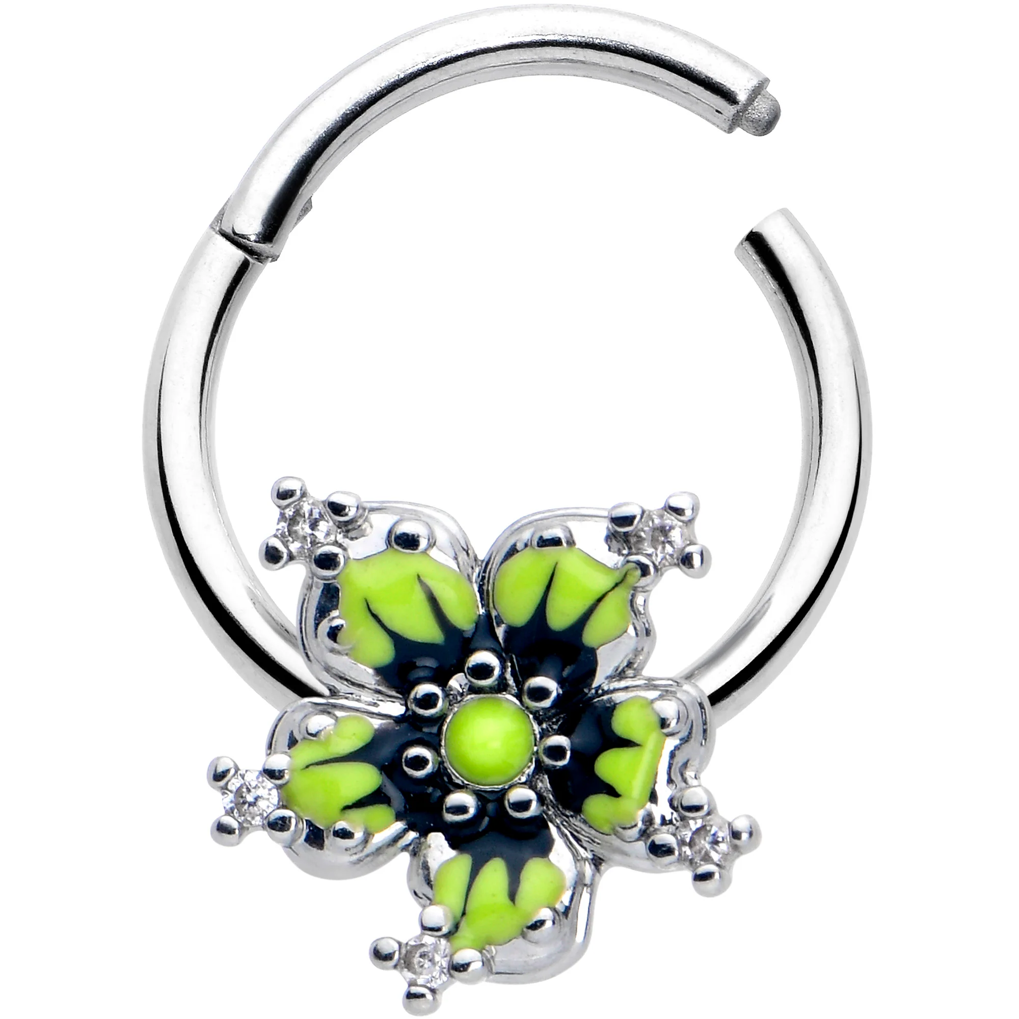 16G 3/8 Clear CZ Gem Go Green Flower Hinged Segment Ring - Image 2