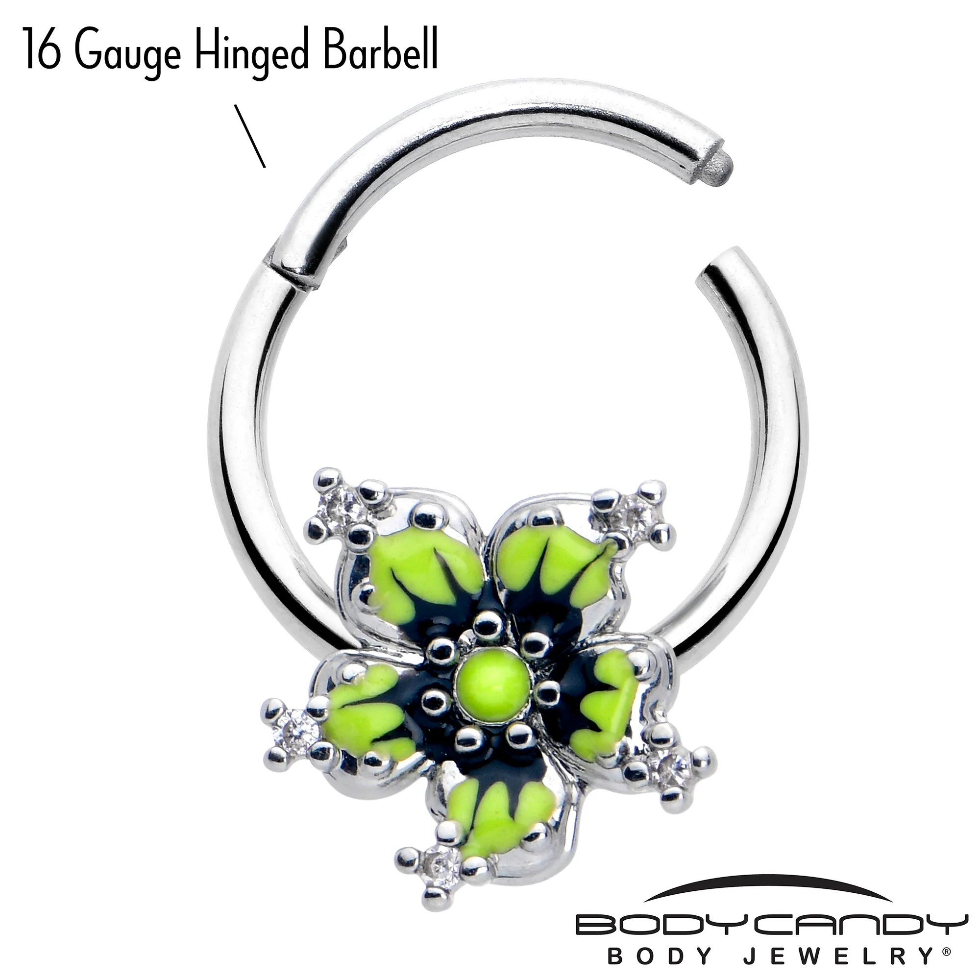 16G 3/8 Clear CZ Gem Go Green Flower Hinged Segment Ring - Image 3