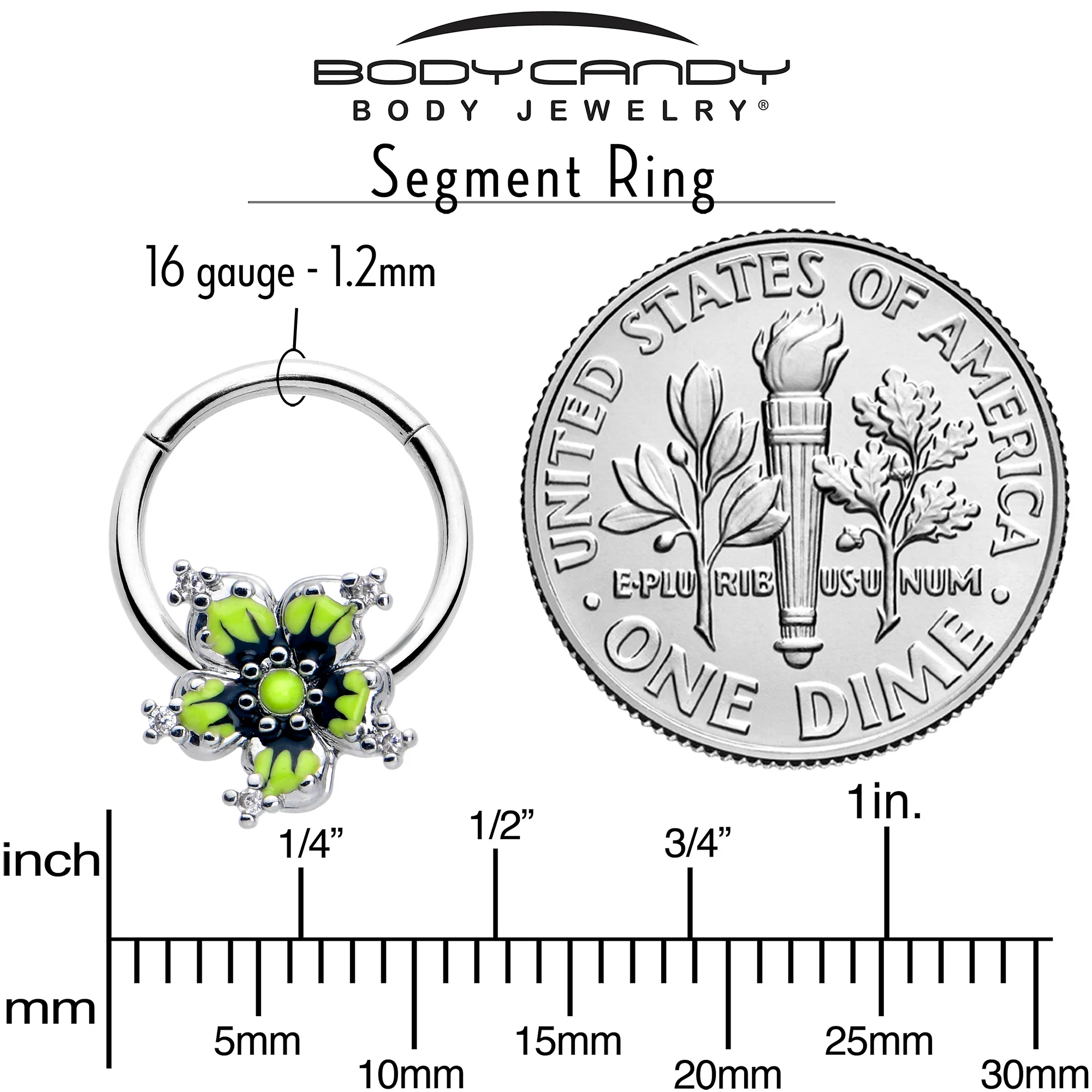 16G 3/8 Clear CZ Gem Go Green Flower Hinged Segment Ring - Image 4
