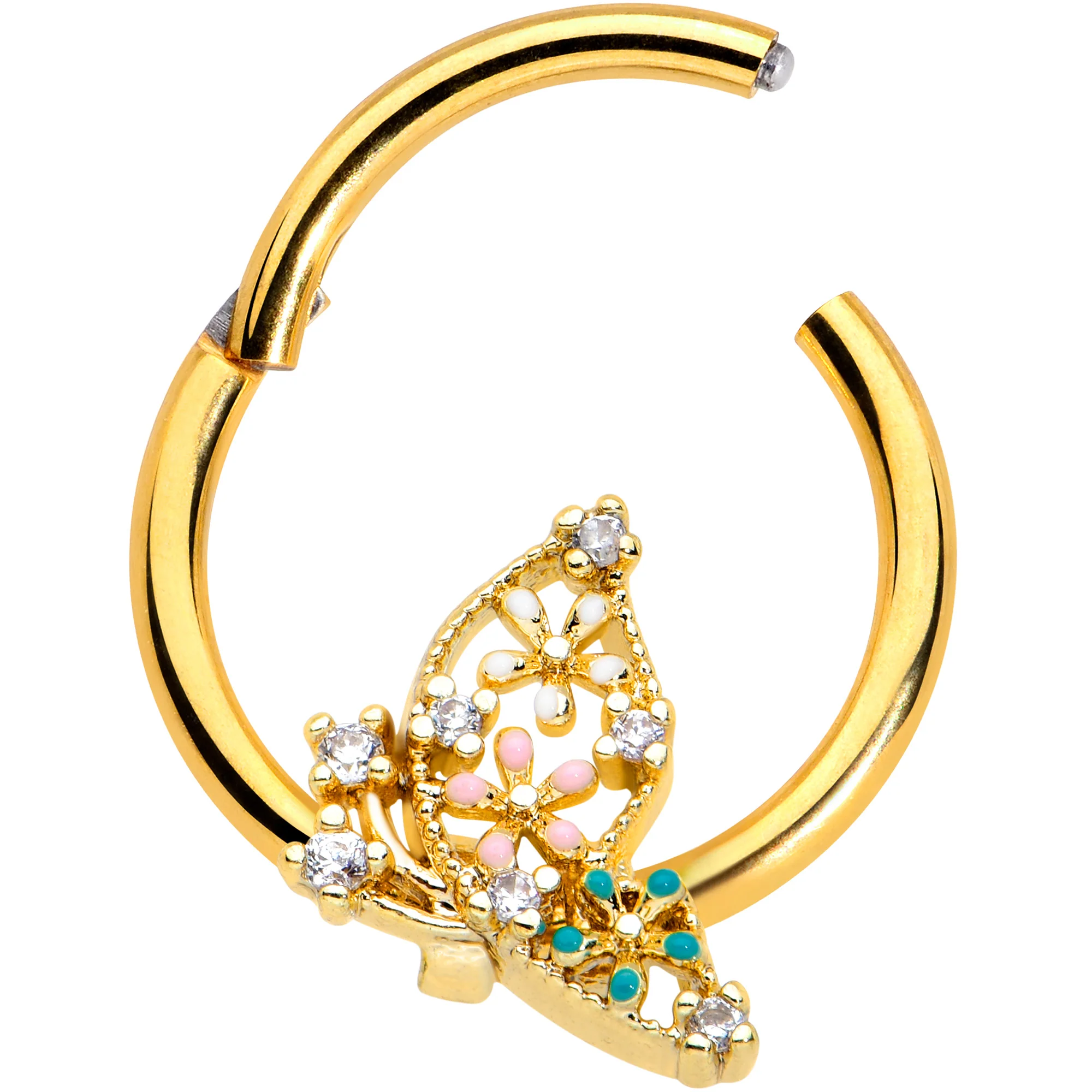 16G 3/8 Clear CZ Gem Gold Tone Abstract Hinged Segment Ring - Image 2