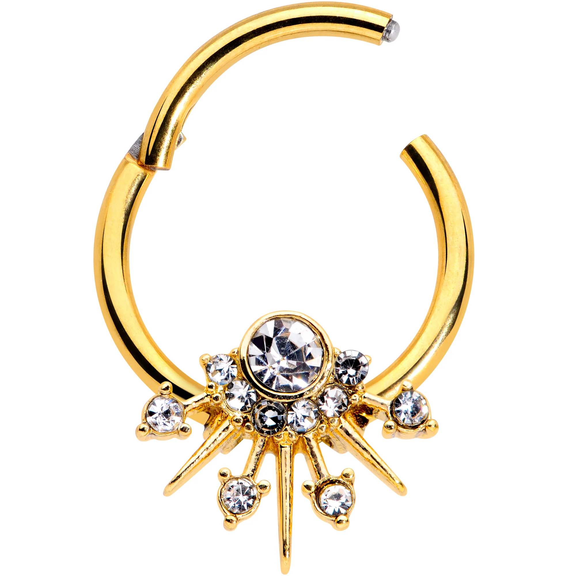 16G 3/8 Clear CZ Gem Gold Tone Elegant Crest Hinged Segment Ring - Image 2