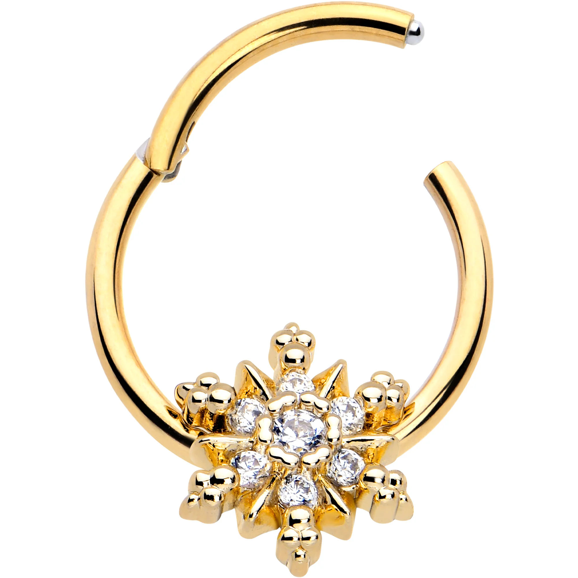 16G 3/8 Clear CZ Gem Gold Tone Glam Snowflake Hinged Segment Ring - Image 2