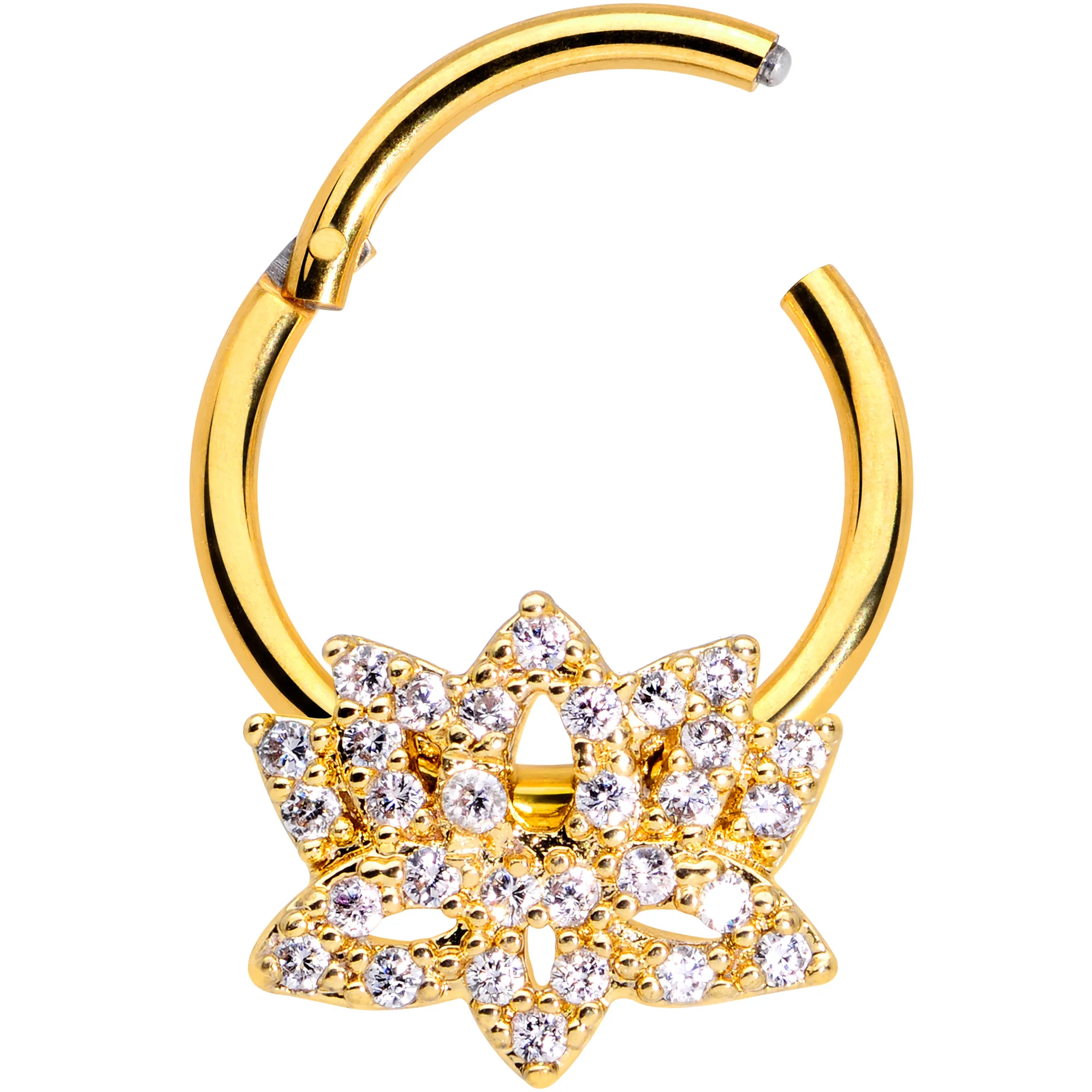 16G 3/8 Clear CZ Gem Gold Tone Lotus Flower Hinged Segment Ring - Image 2