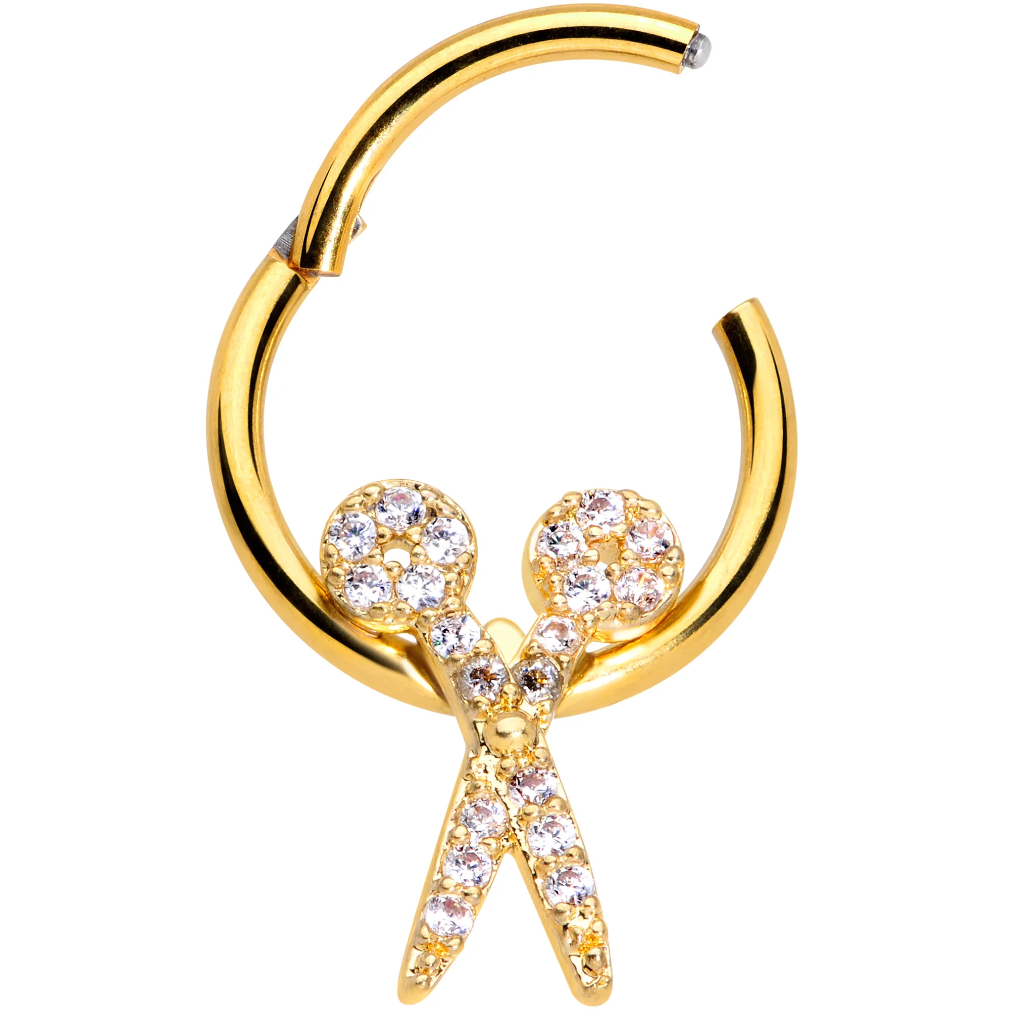 16G 3/8 Clear CZ Gem Gold Tone Scissors Hinged Segment Ring - Image 2