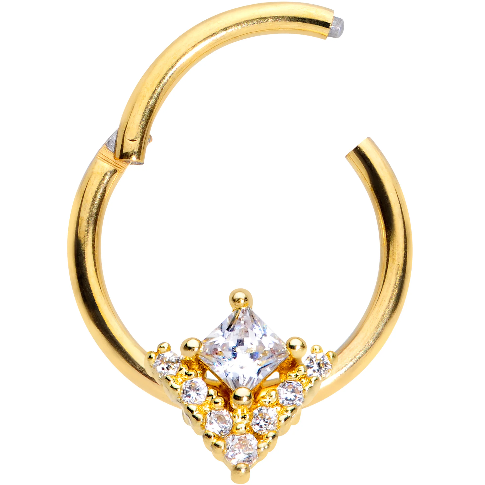 16G 3/8 Clear CZ Gem Gold Tone Vivid Vee Hinged Segment Ring - Image 2
