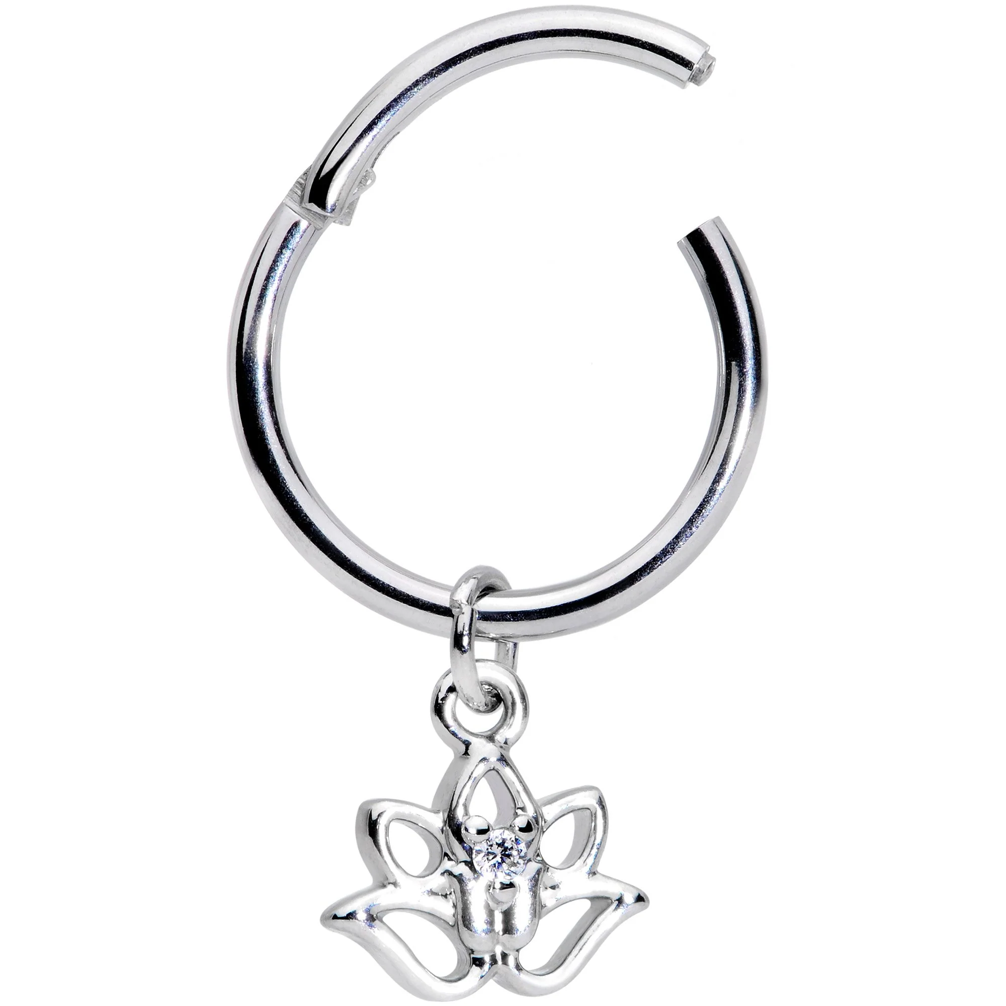 16G 3/8 Clear CZ Gem Lotus Flower Dangle Hinged Segment Ring - Image 2