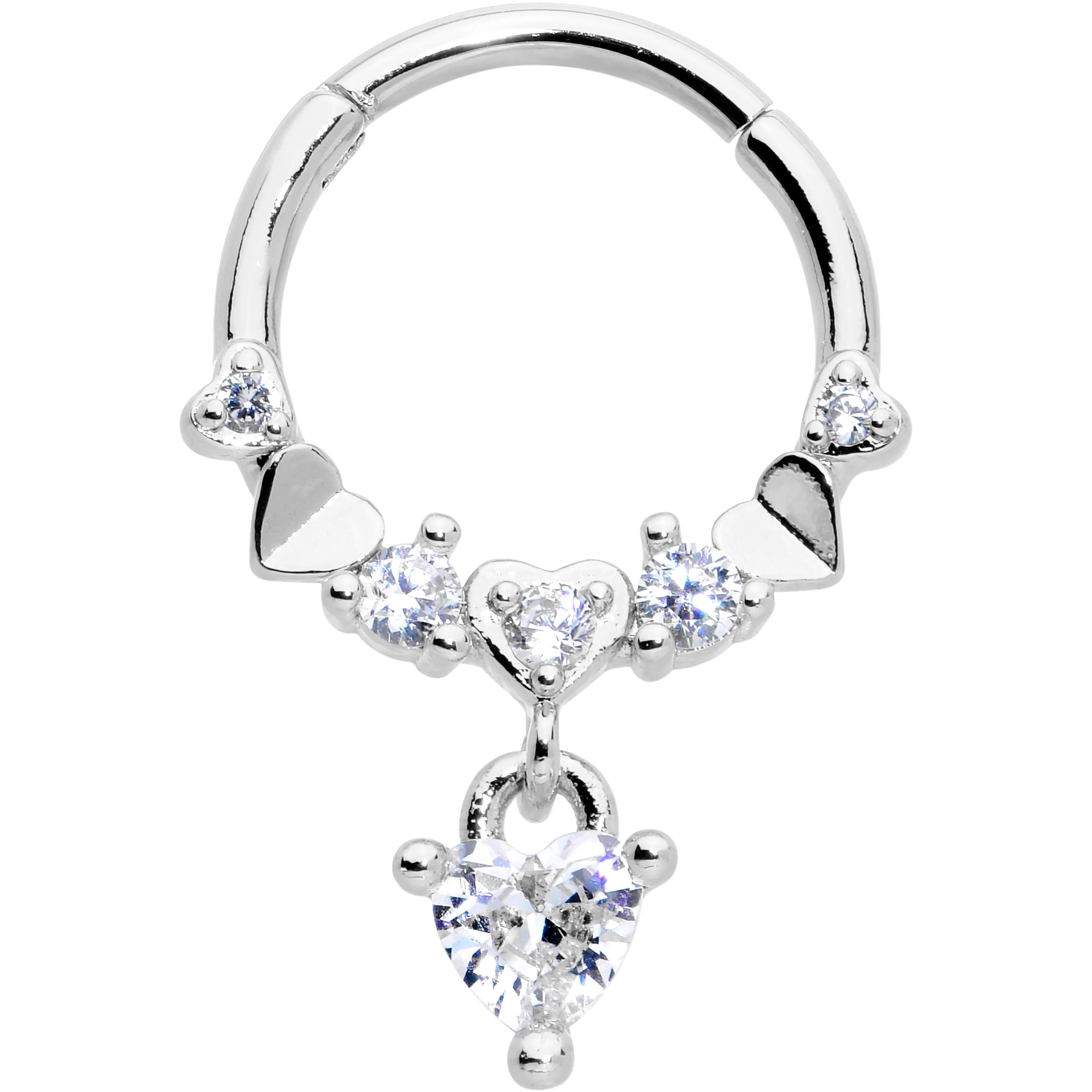 16G 3/8 Clear CZ Gem Love Heart Dangle Hinged Segment Ring - Image 2