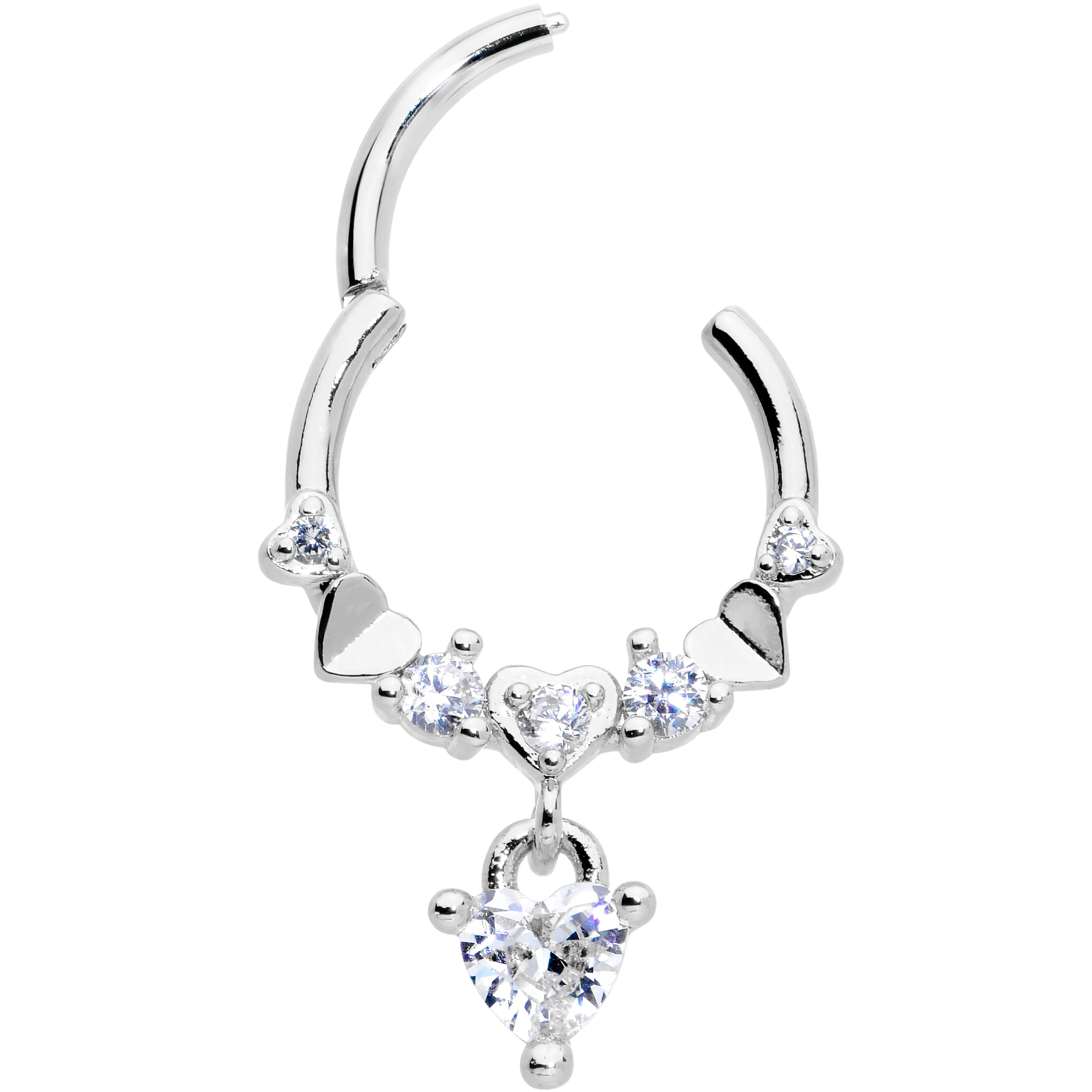 16G 3/8 Clear CZ Gem Love Heart Dangle Hinged Segment Ring - Image 3
