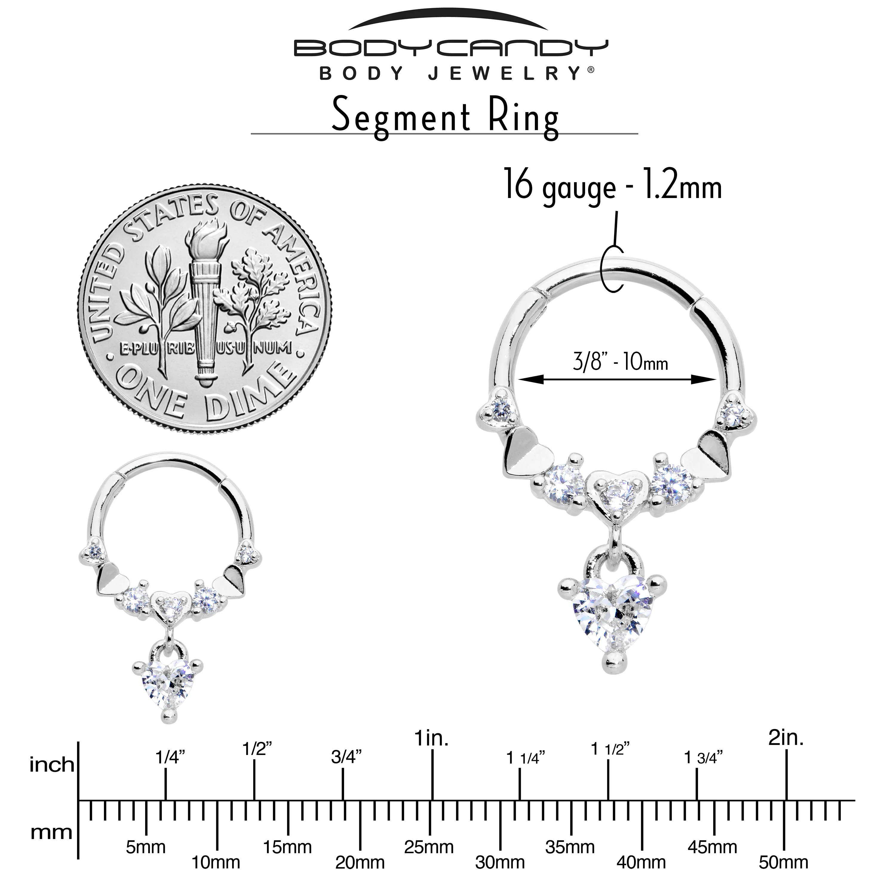 16G 3/8 Clear CZ Gem Love Heart Dangle Hinged Segment Ring - Image 4
