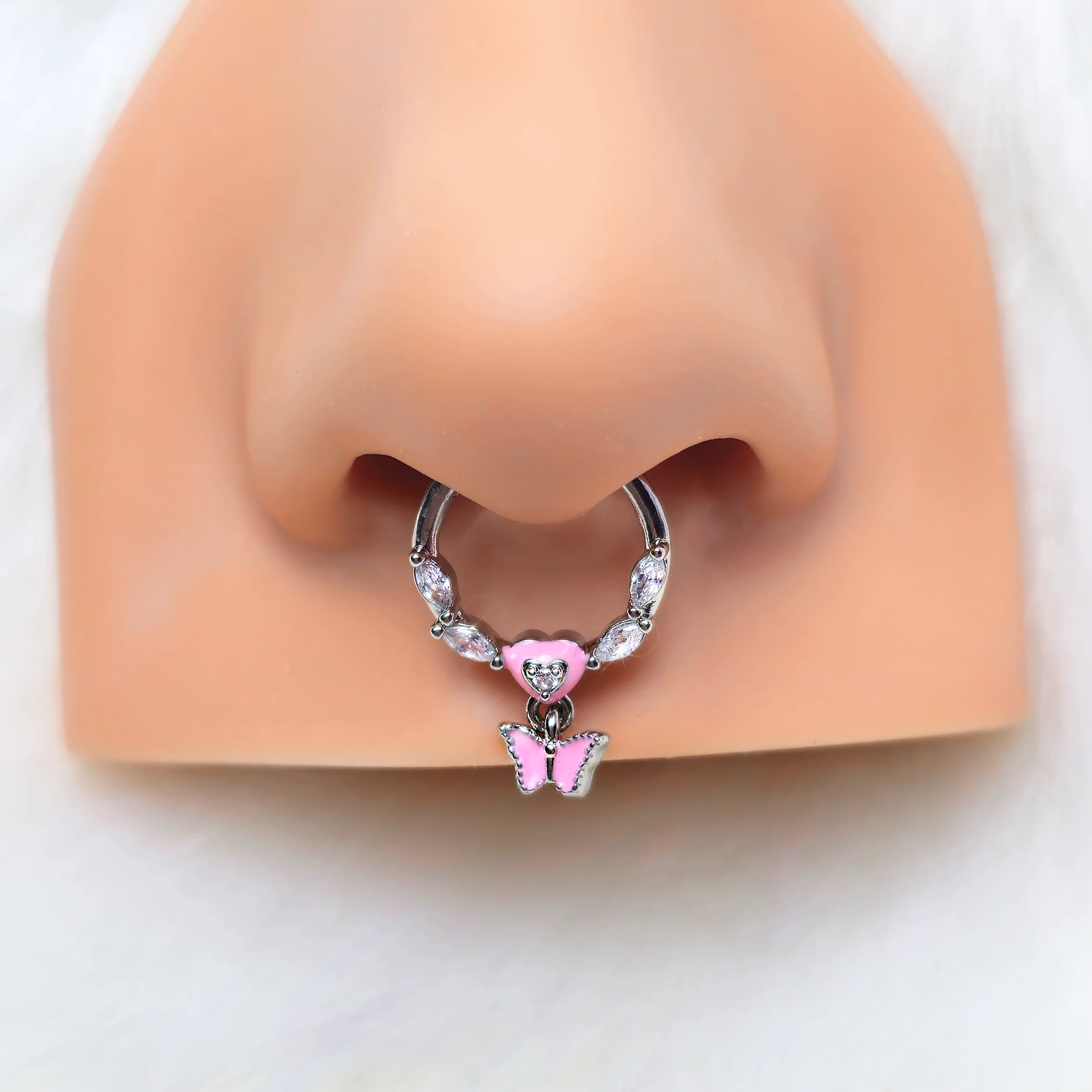 16G 3/8 Clear CZ Gem Luv Butterfly Pink Dangle Hinged Segment Ring - Image 2