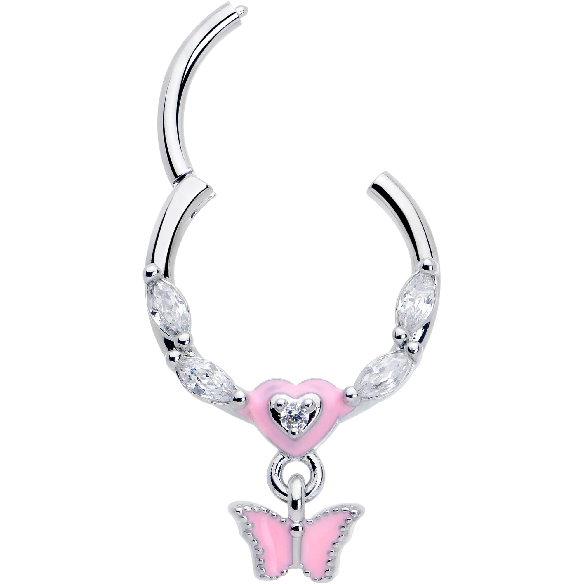 16G 3/8 Clear CZ Gem Luv Butterfly Pink Dangle Hinged Segment Ring - Image 3
