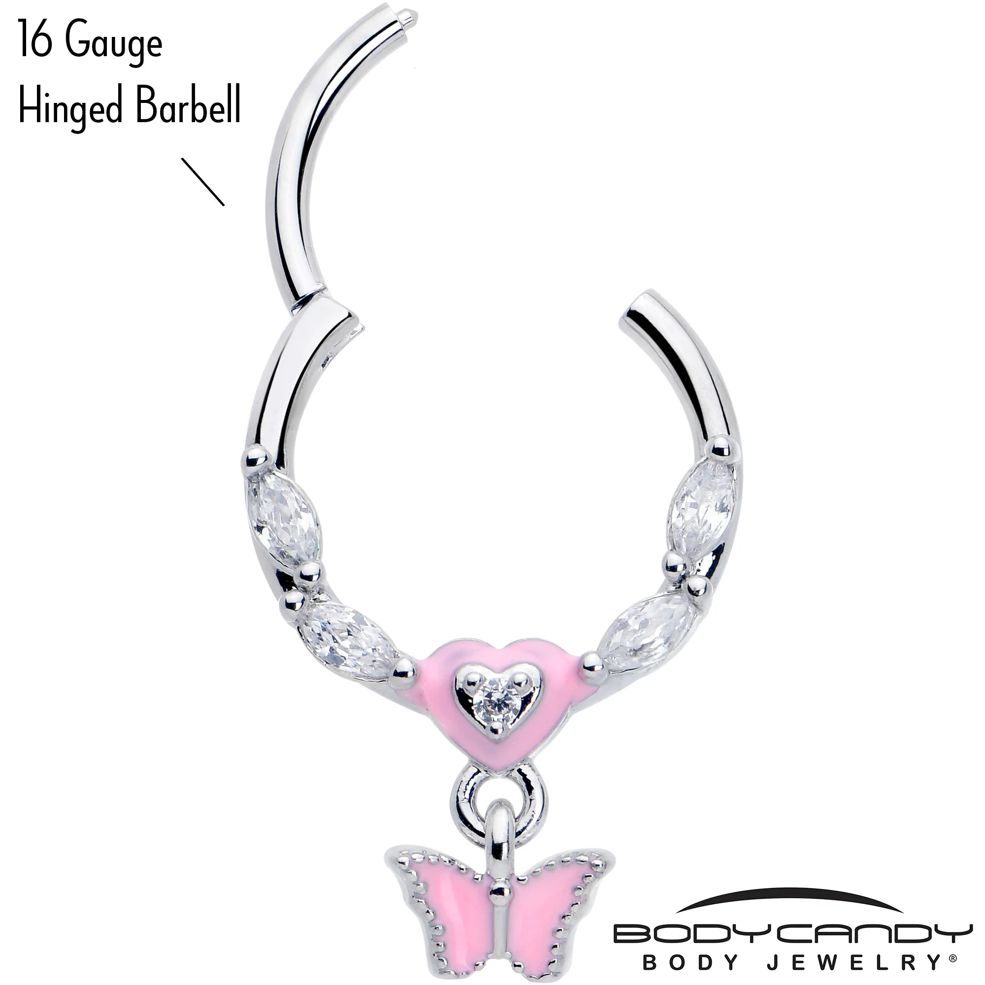 16G 3/8 Clear CZ Gem Luv Butterfly Pink Dangle Hinged Segment Ring - Image 4