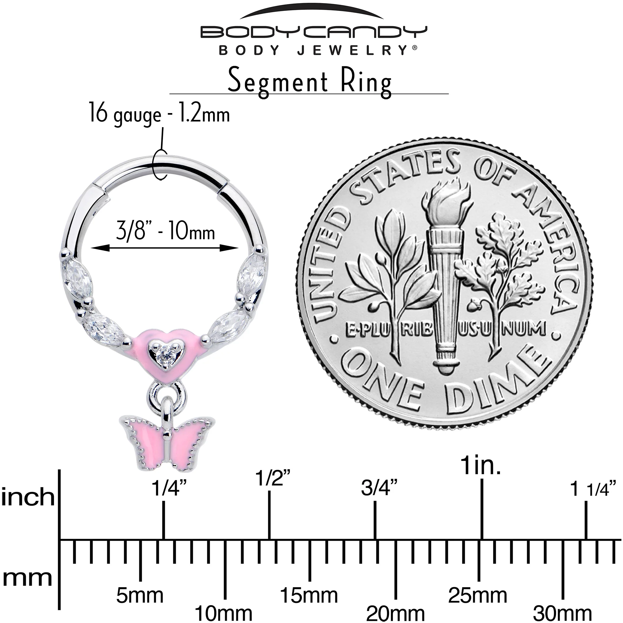 16G 3/8 Clear CZ Gem Luv Butterfly Pink Dangle Hinged Segment Ring - Image 5