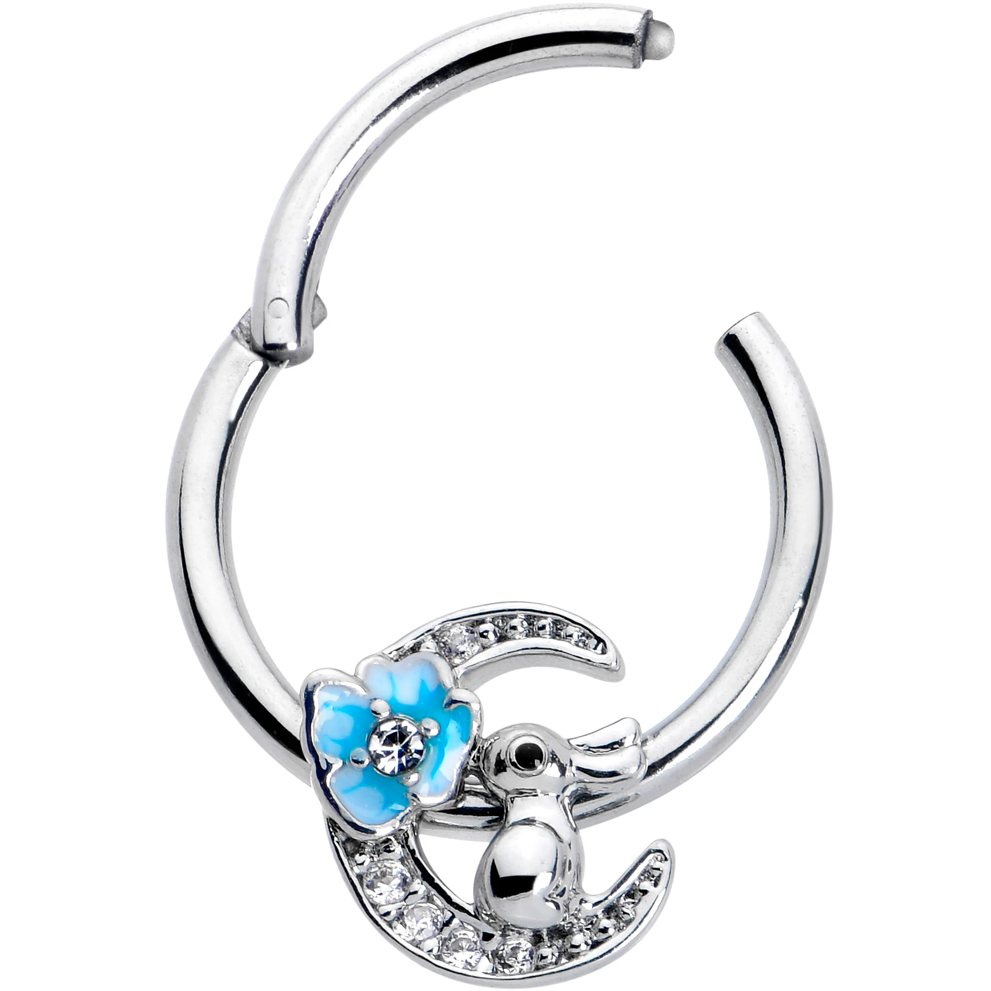 16G 3/8 Clear CZ Gem Rabbit On The Moon Blue Hinged Segment Ring - Image 2