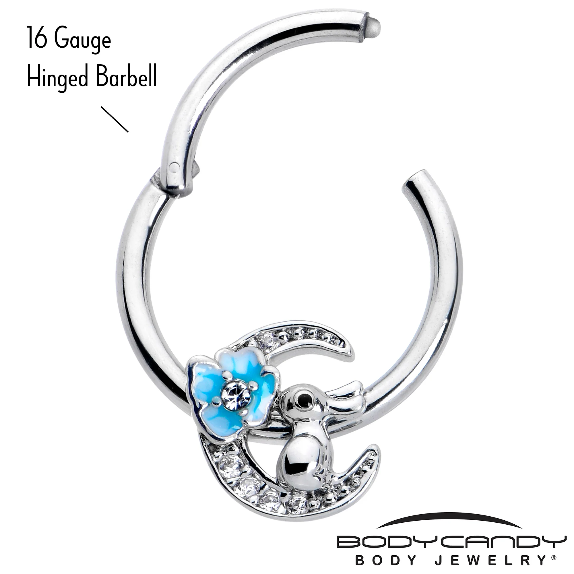 16G 3/8 Clear CZ Gem Rabbit On The Moon Blue Hinged Segment Ring - Image 3