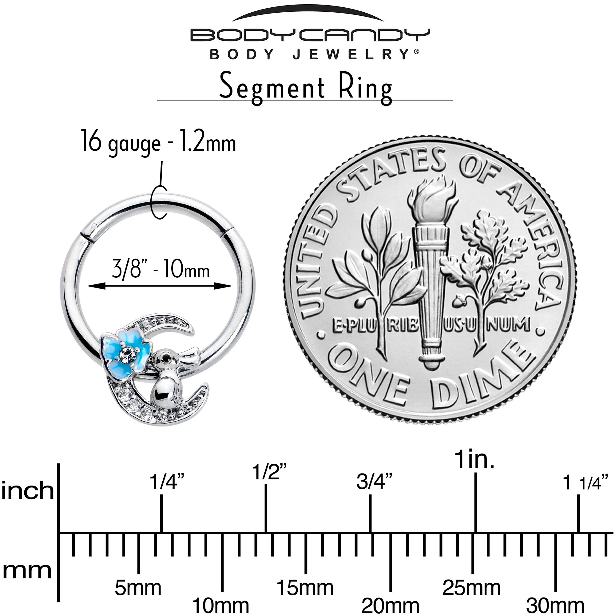 16G 3/8 Clear CZ Gem Rabbit On The Moon Blue Hinged Segment Ring - Image 4