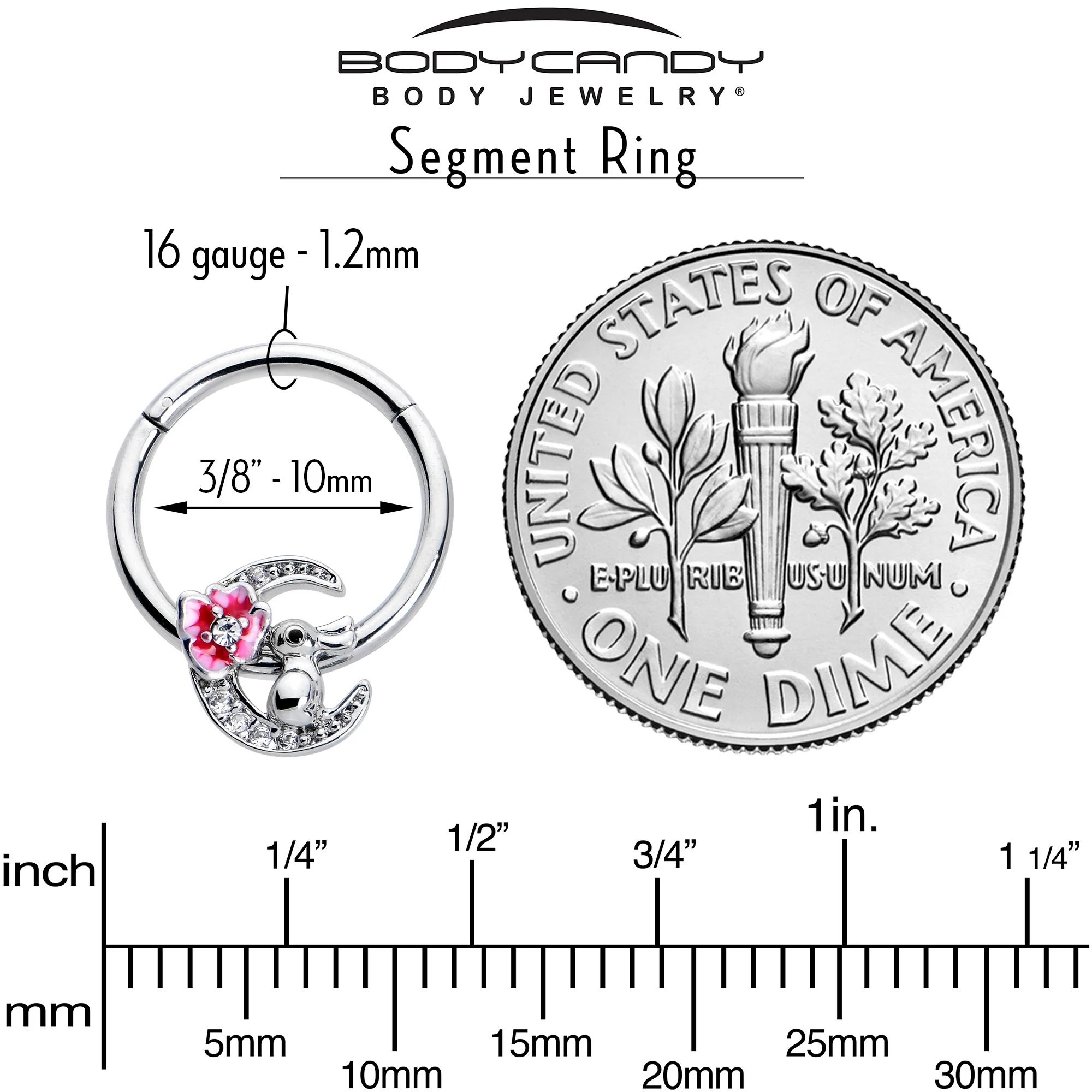 16G 3/8 Clear CZ Gem Rabbit On The Moon Pink Hinged Segment Ring - Image 4