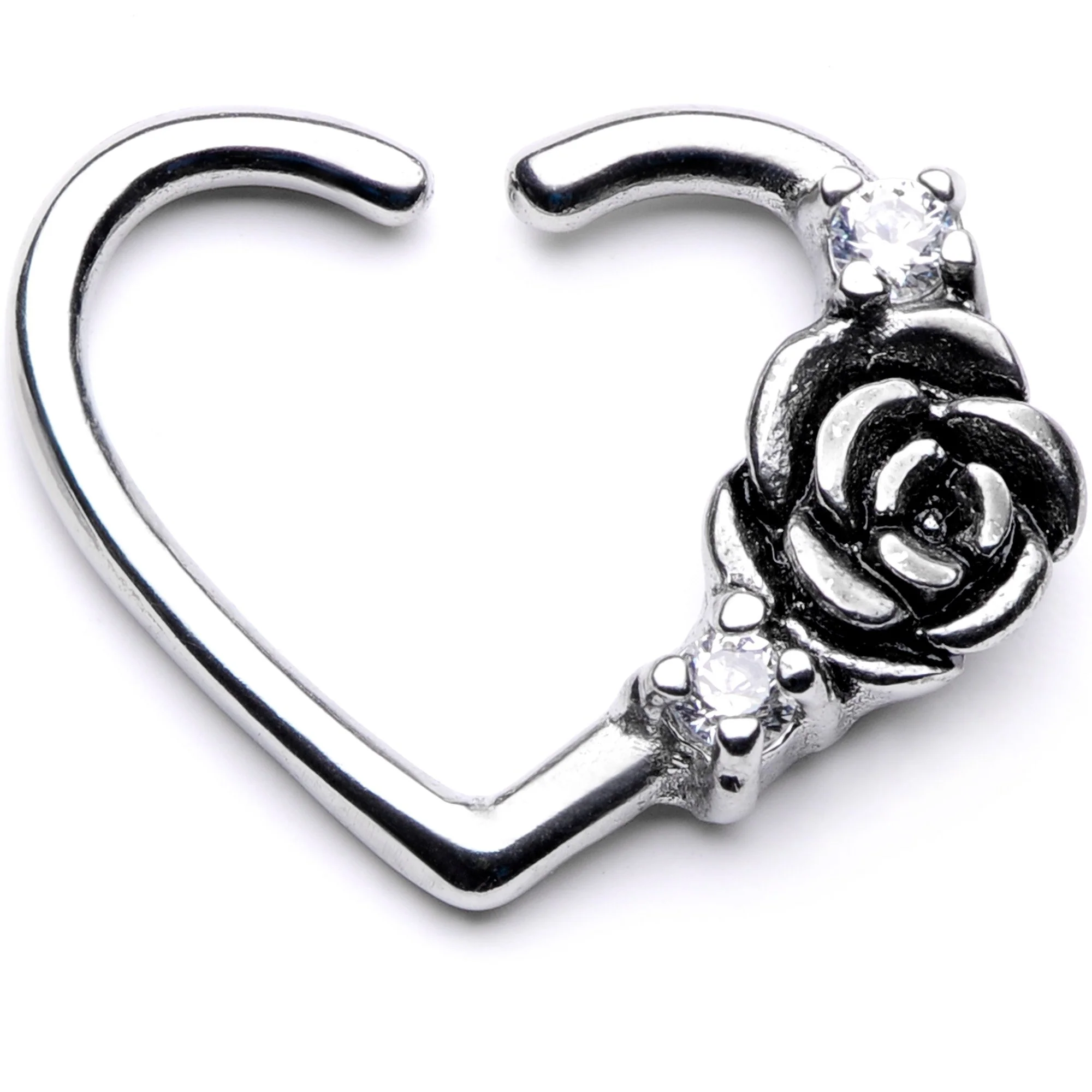 16G 3/8 Clear CZ Gem Rose Flower Left Heart Closure Ring