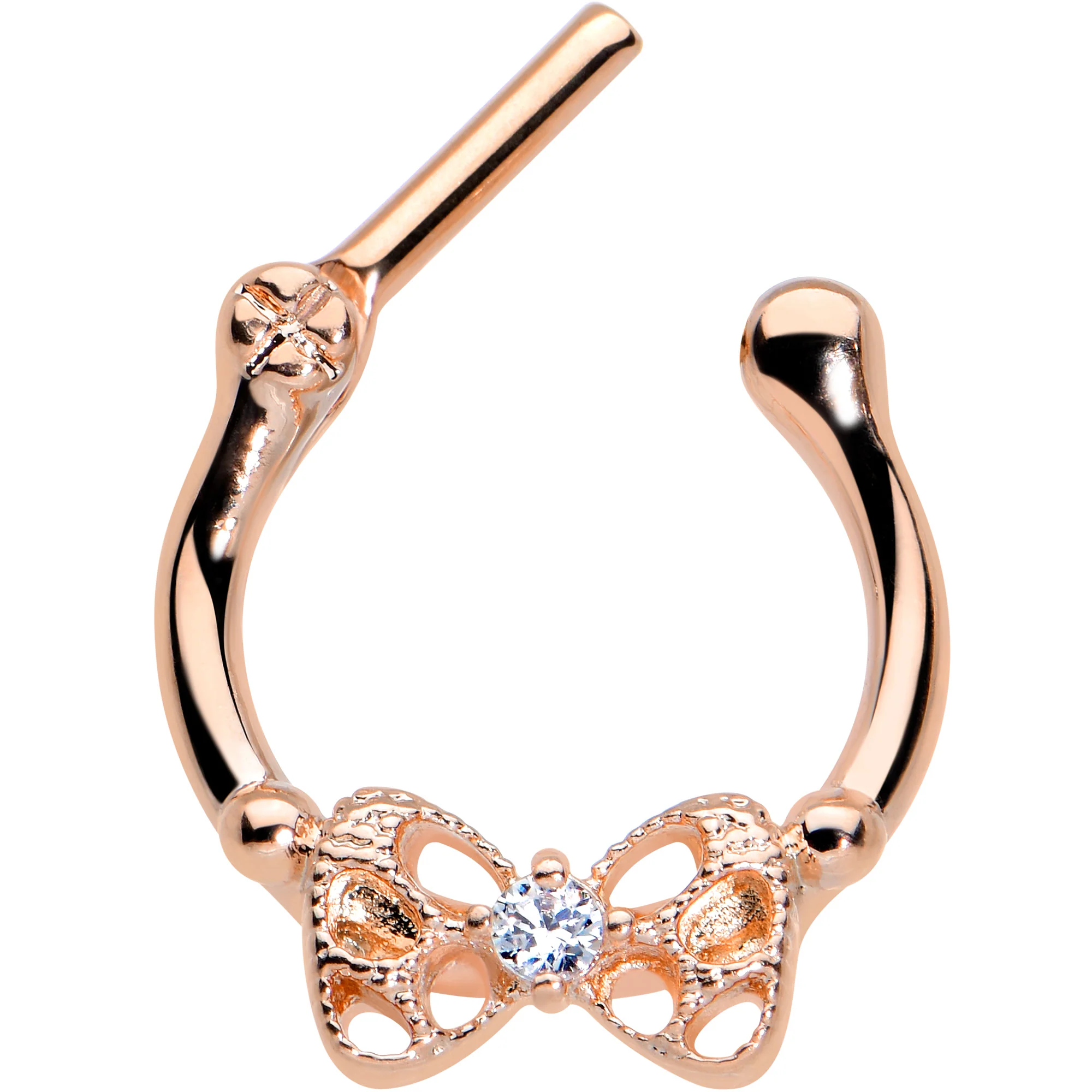 16G 3/8 Clear CZ Gem Rose Gold Hue Openwork Bow Cartilage Clicker - Image 2