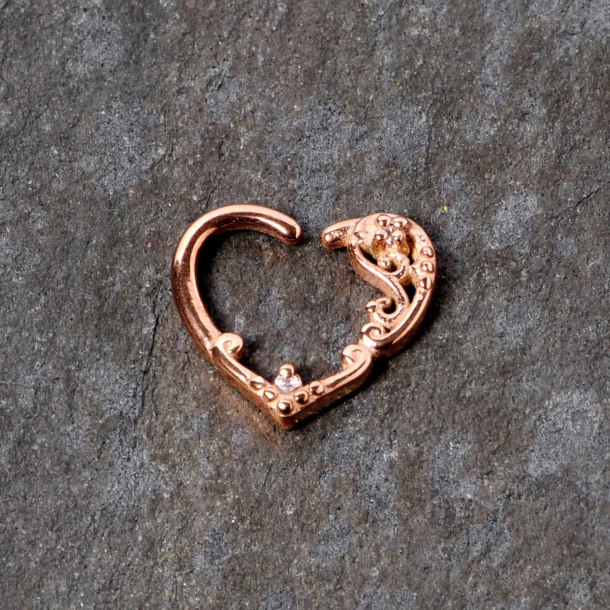 16G 3/8 Clear CZ Gem Rose Gold Tone Heart Left Ear Closure Ring - Image 2