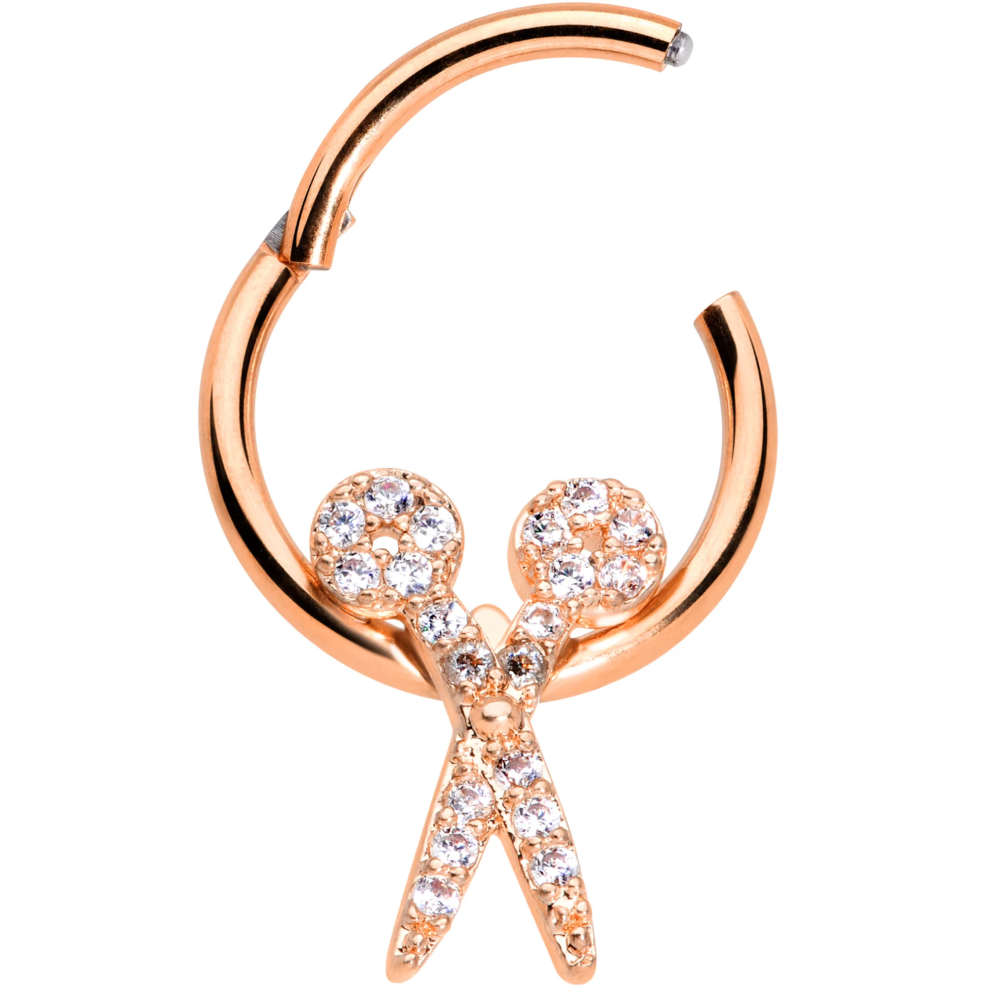 16G 3/8 Clear CZ Gem Rose Gold Tone Scissors Hinged Segment Ring - Image 2